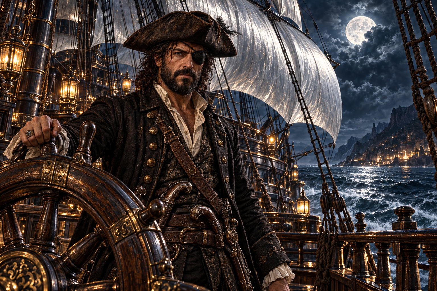 A man dressed as a pirate captain standing at the helm of a large, ornate wooden sailing ship at night, with a full moon and a coastal town illuminated in the background.