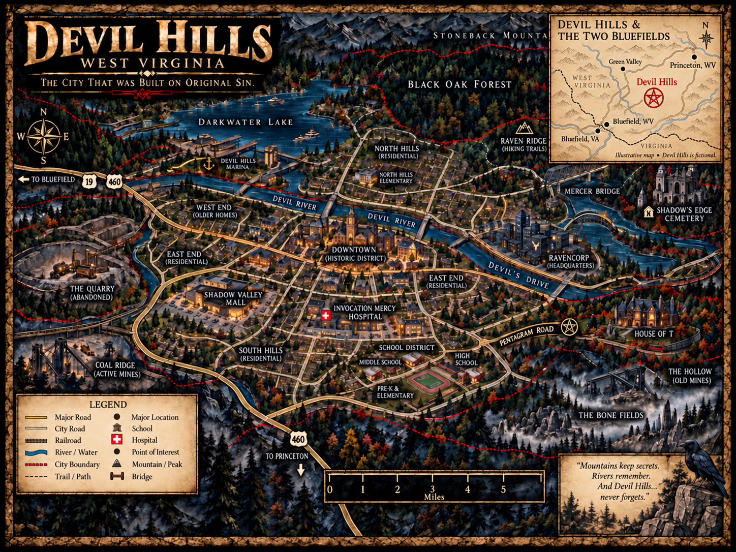 Map of Devil Hills in West Virginia showing streets, landmarks, rivers, and mountain areas with a legend, inset map of the region, and a quote about mountains and rivers.