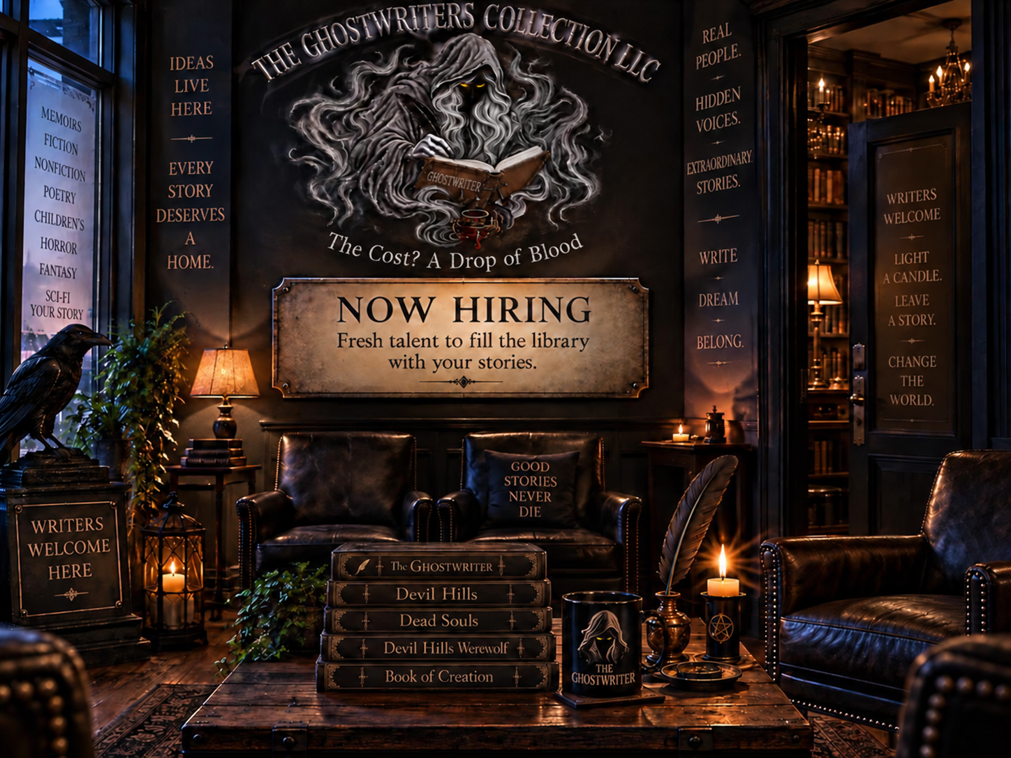 A cozy library setting with dark walls and leather chairs. There are candles, books, a raven sculpture, and framed signs with writing tips and inspirational quotes. A large sign announces a library job opening, and a stack of books on writing is on a wooden table.