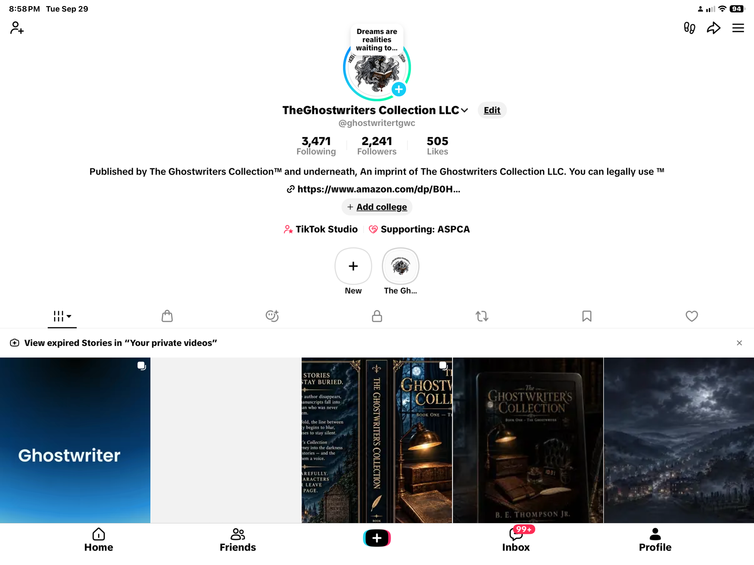 A screenshot of a social media profile page for 'The Ghostwriters Collection LLC' featuring a circular profile picture of a lion with a book in its mouth, and a banner that reads, 'Dreams are realities waiting to...' There are various sections including following, followers, and likes, along with a list of books from the collection displayed at the bottom.