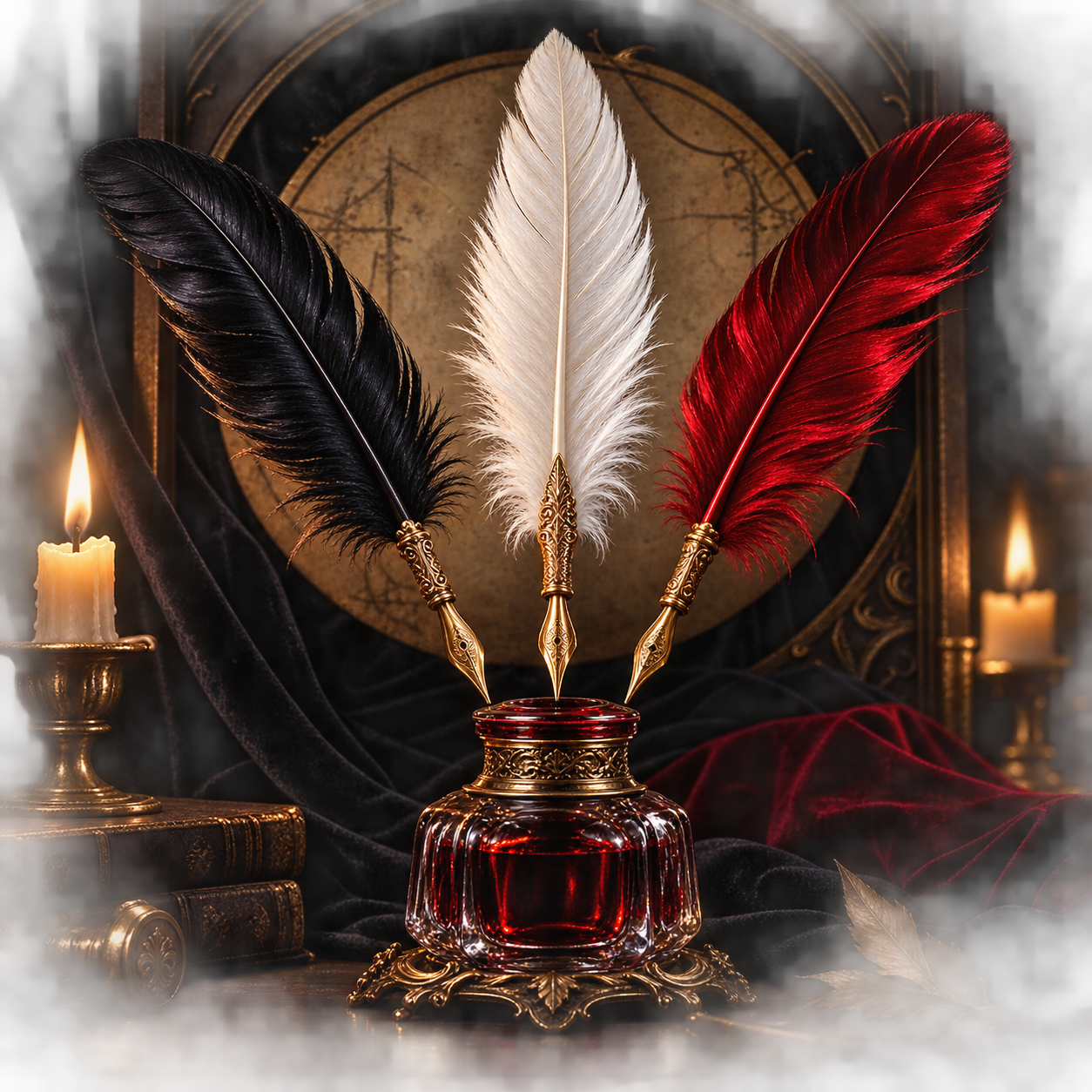 Three ornate quill pens in black, white, and red are in a glass inkwell on a dark wooden table, lit by two candles in gold holders, with a background of black velvet and a vintage map.