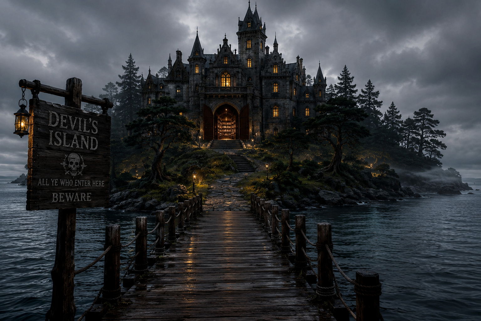 A dark, spooky castle on a small island connected by a wooden dock, with a sign reading 'Devil's Island' and a warning to beware; lit windows and foggy, cloudy skies.