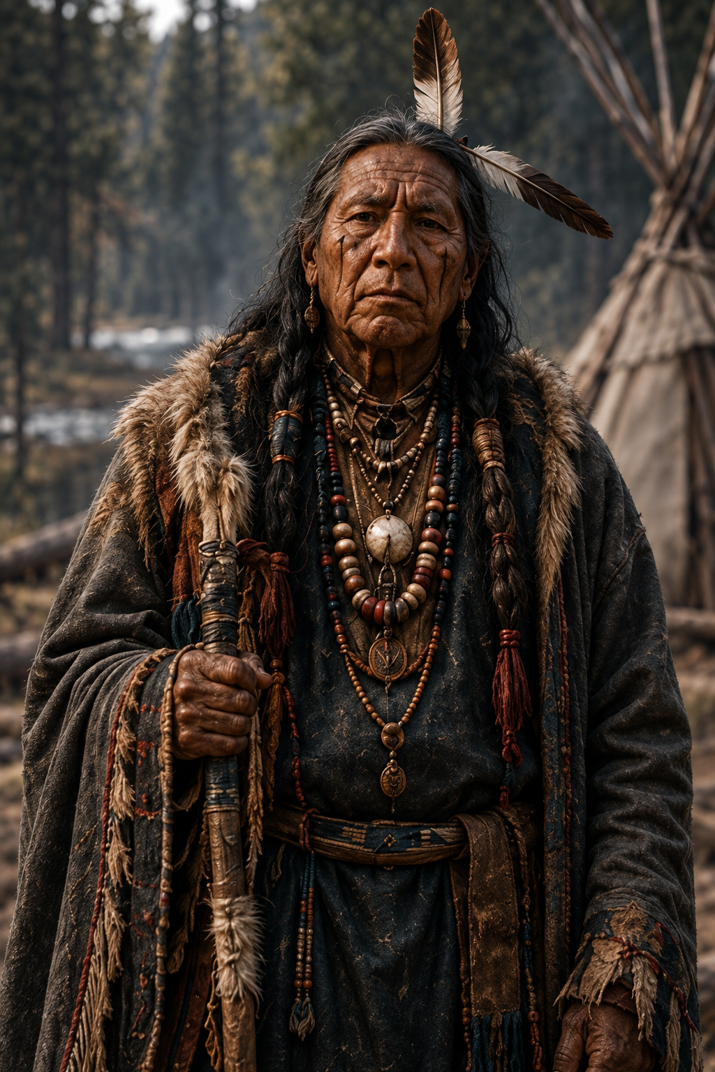 An Indigenous man with long braided hair and traditional jewelry, wearing a fur-lined cloak, standing outdoors in a historical reenactment setting with tipi structures in the background.
