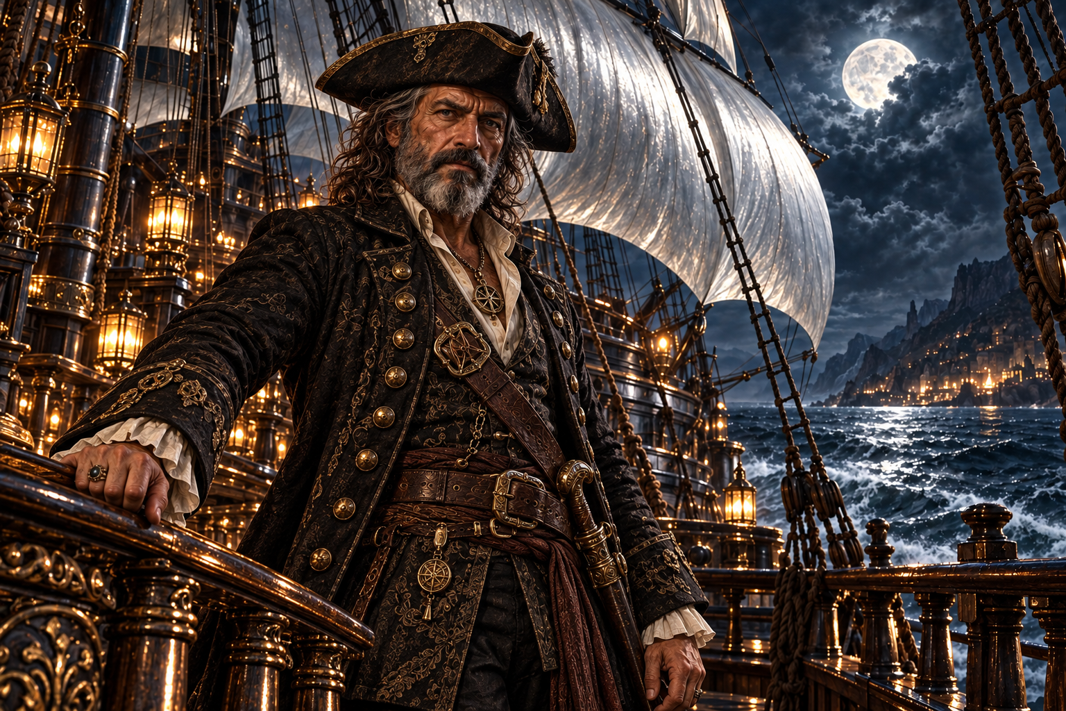 A man dressed as a pirate captain aboard a richly decorated wooden ship at night, with the moon and clouds in the sky and a distant shoreline visible.