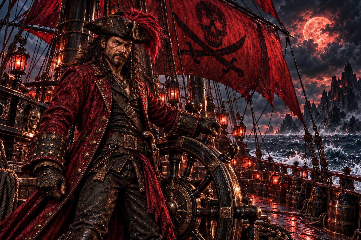 A pirate captain stands at the helm of a ship with red sails featuring a skull and crossbones symbol, sailing through a stormy sea under a full moon, with dark clouds and a rocky island in the background.