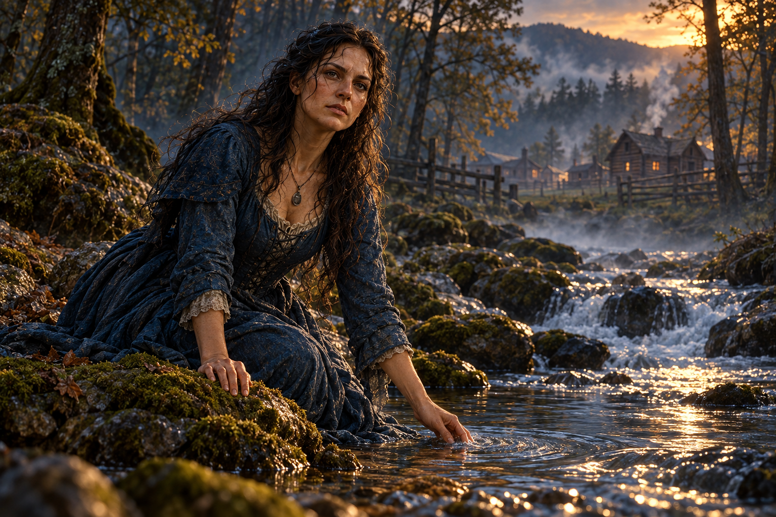 Woman in 1800s-style dress sitting on rocks by a stream at sunset, with wooden cabins and trees in the background.