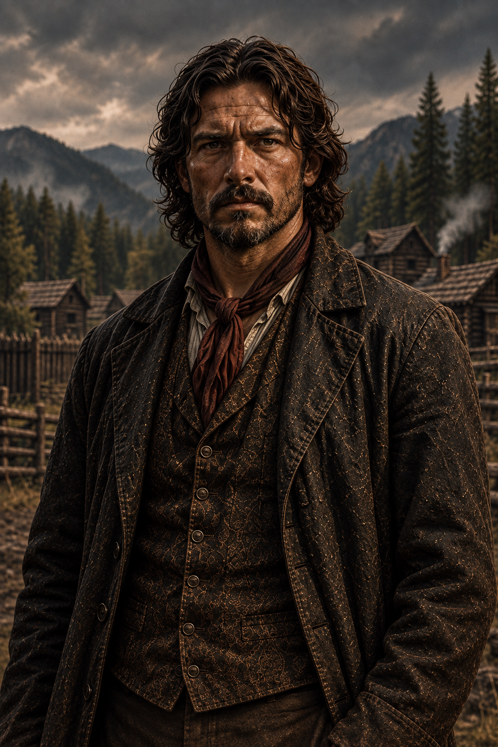 A rugged man with long, curly hair and a beard, standing outdoors in front of a mountain village with wooden houses and pine trees, wearing a muddy coat and a bandana.