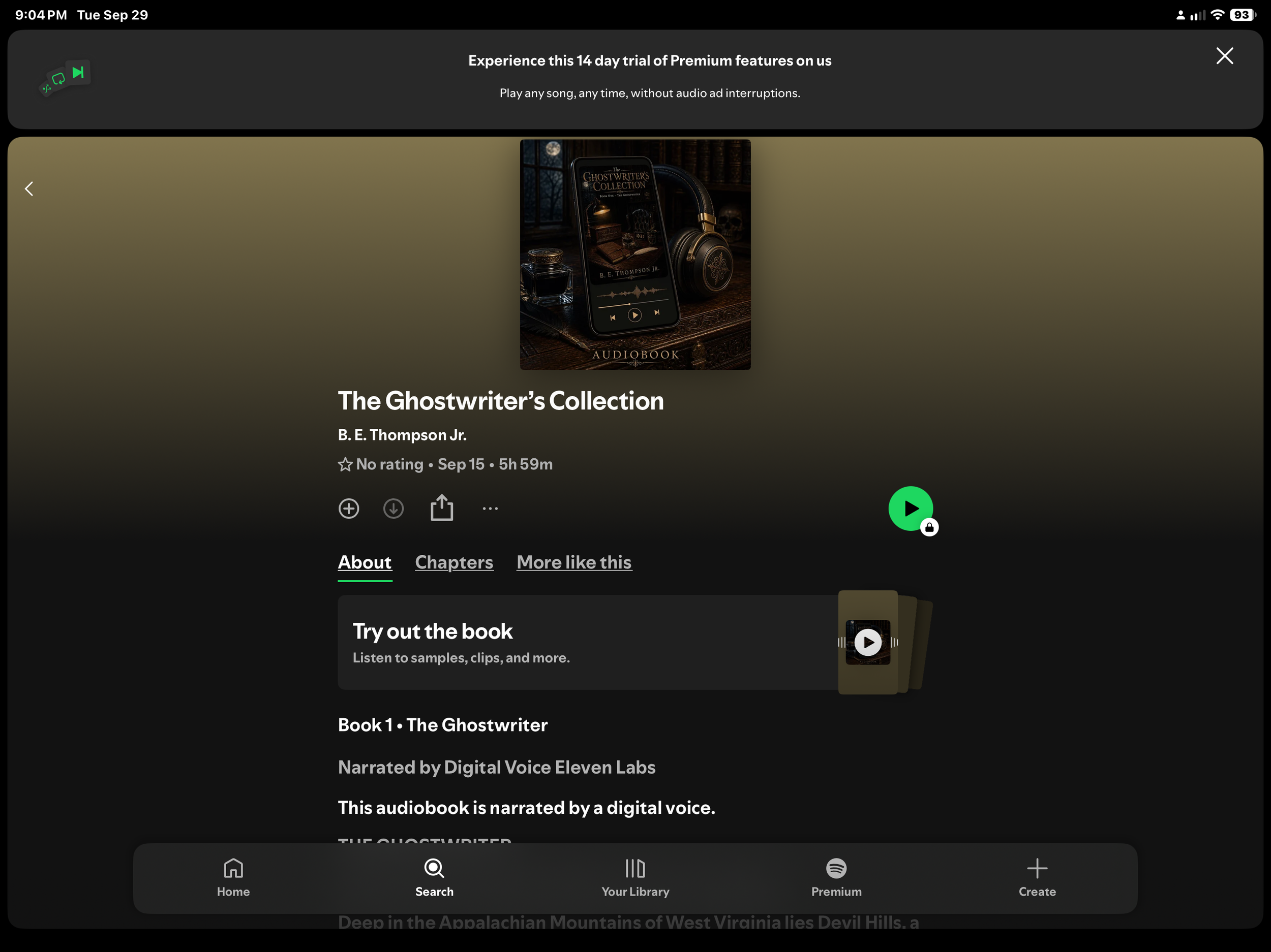 Screenshot of a mobile app interface promoting a 14-day free trial for a music streaming service, featuring an audiobook titled "The Ghostwriter's Collection" by B. E. Thompson Jr., narrated by Digital Voice Eleven Labs. The screen shows options to play the audiobook, explore chapters, and learn about the book.