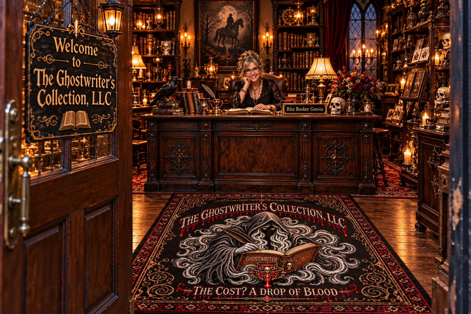 A woman sitting at an ornate wooden desk in a dimly lit room filled with books, skulls, candles, and vintage decor. She is smiling, wearing glasses, and has curly hair. A sign on the door reads 'Welcome to The Ghostwriter's Collection, LLC'. The depositary has a nameplate that says 'Rita Booker Graves'. The floor features a decorative rug with a ghostly figure reading a book, surrounded by gothic themes.