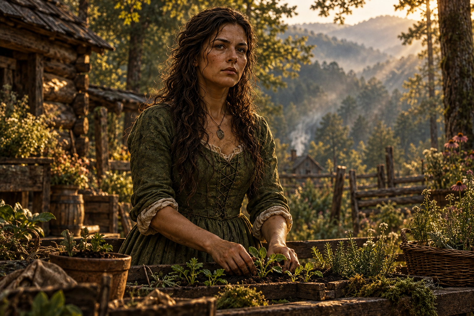 A woman with curly brown hair in a green dress tending to plants in a garden with a rustic wooden house and mountains in the background, during sunset.