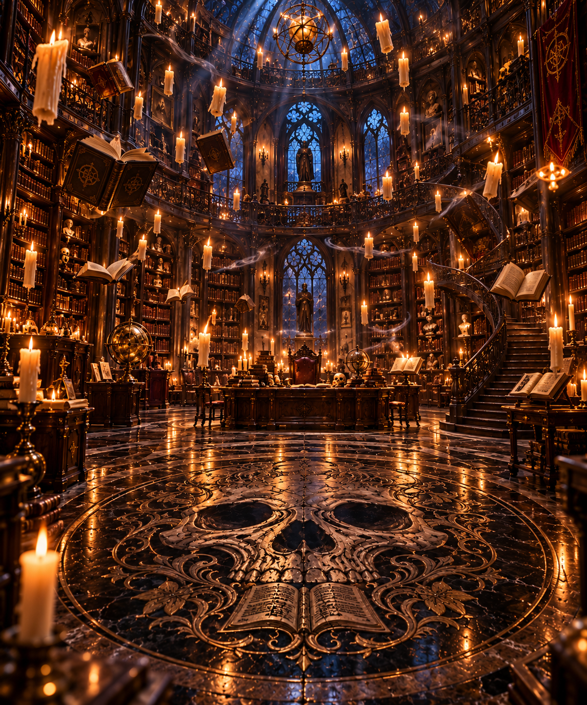 A grand, ornate library with tall bookshelves filled with books, carved wood and gold accents, and gothic-style stained glass windows. Candles and mystical objects decoratively illuminate the space, with floating books and spiral candles adding a magical atmosphere.
