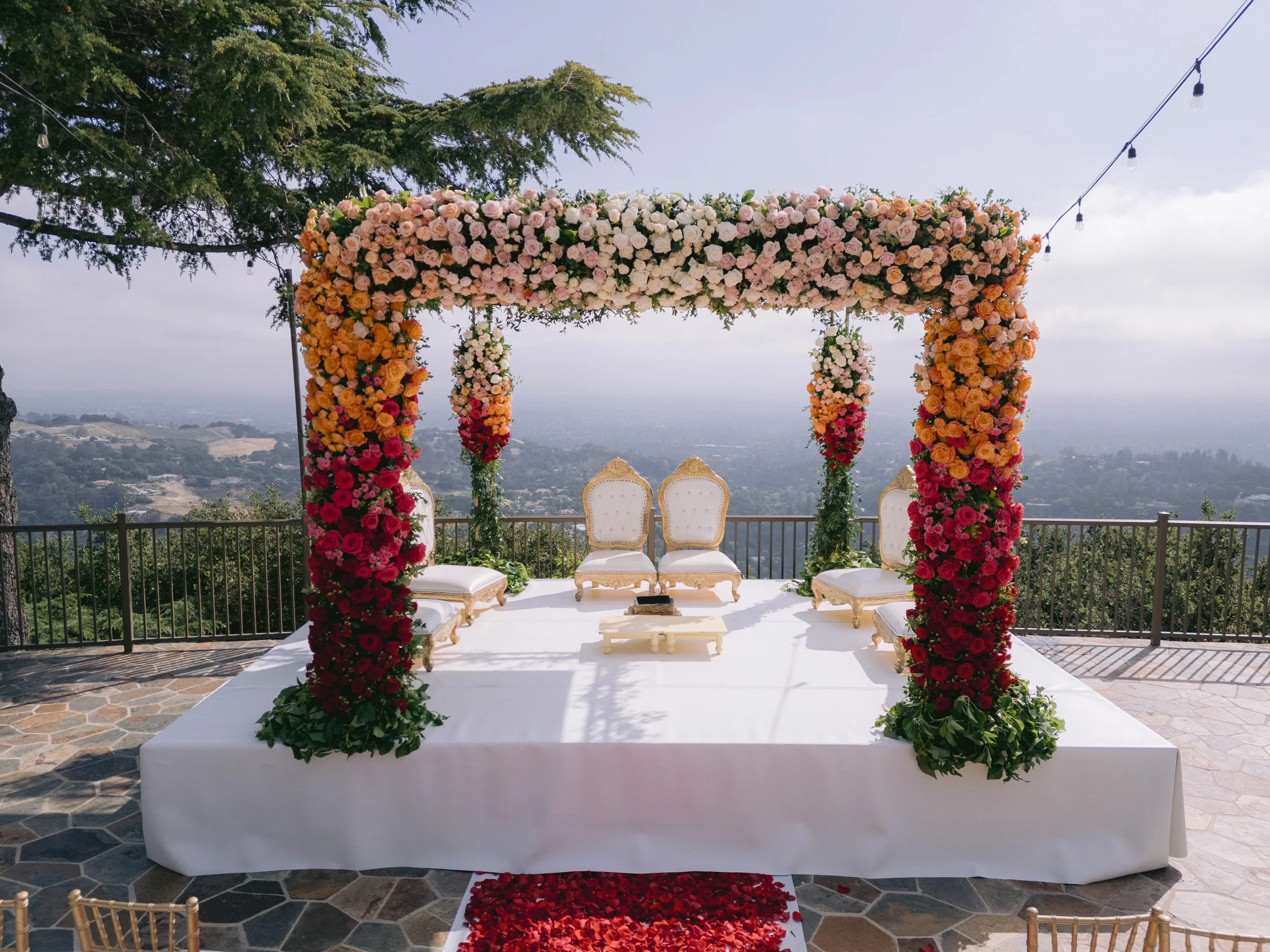A wedding ceremony setup outdoors with a floral arch of pink, white, yellow, and red roses, and white chairs underneath on a white carpet with rose petals. There are five chairs in front of the arch, with three ornate chairs in the middle and two pla