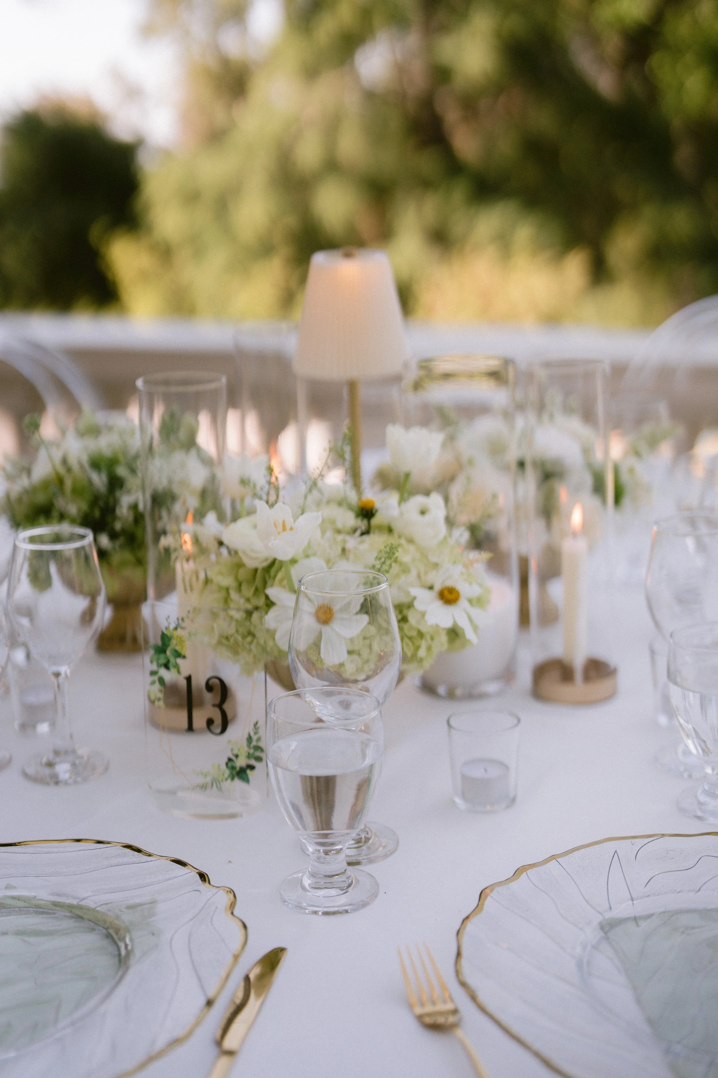A decorated dining table with a white tablecloth, floral centerpiece with white flowers and greenery, wine glasses, gold cutlery, and decorative plates with gold edges. The background has blurred greenery and outdoor setting.