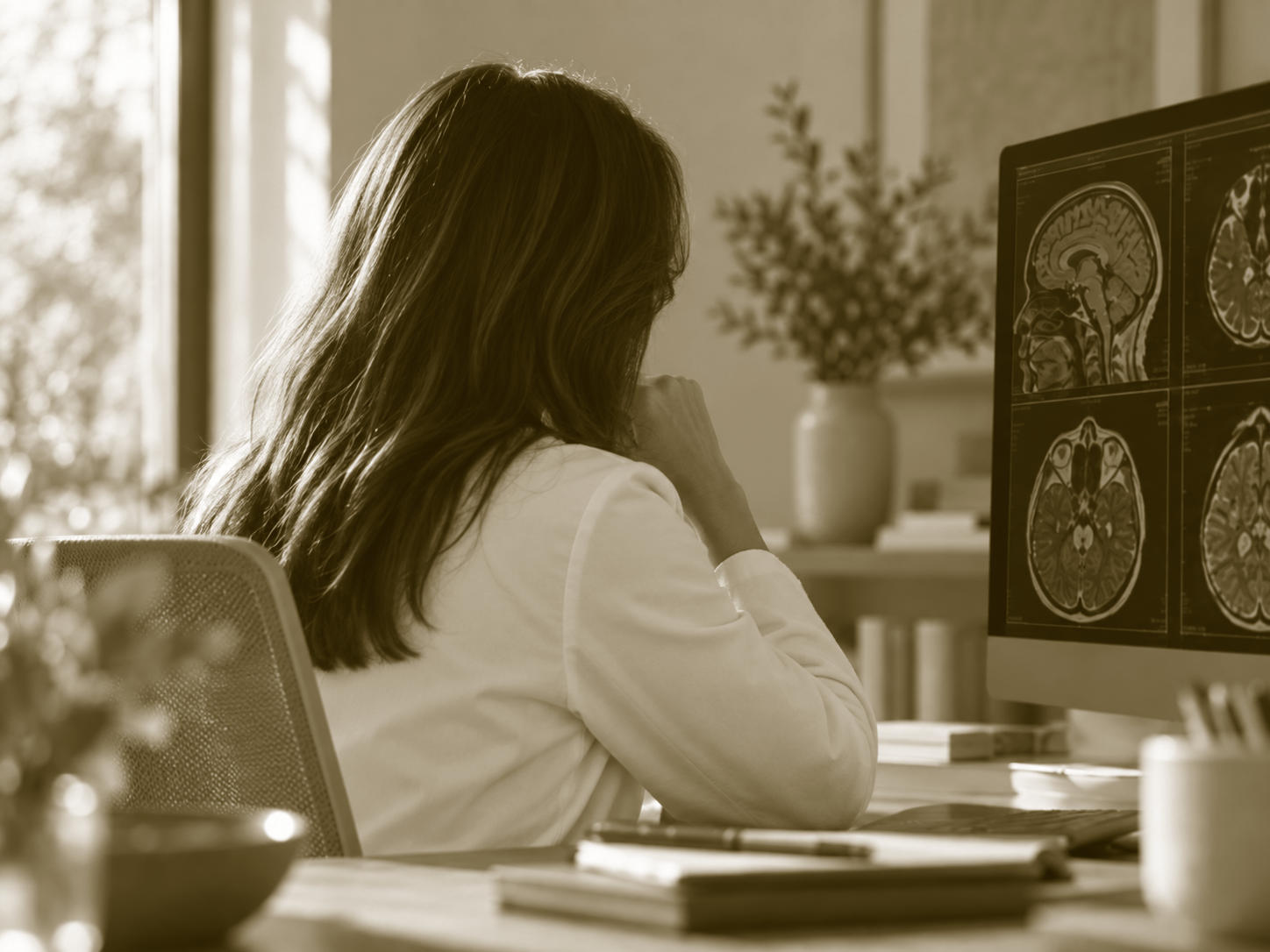 A woman sitting at a desk in front of a computer monitor showing brain MRI scans, with a window and houseplant in the background.