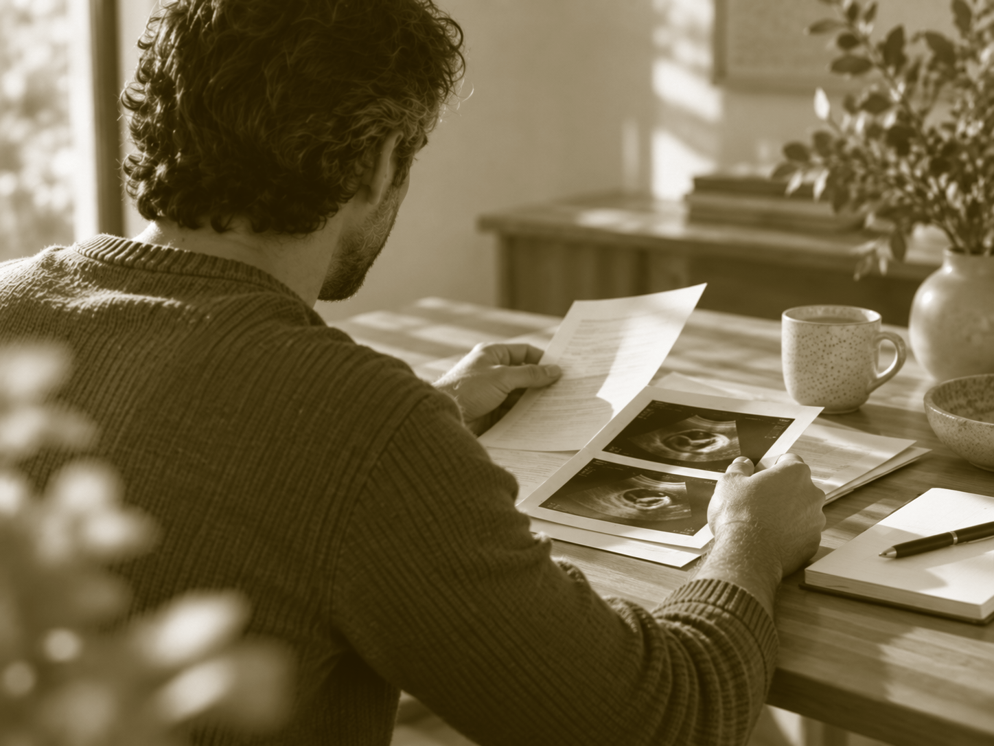 A man sitting at a table, reading a paper and looking at ultrasound images, with coffee cups and a notebook on the table, in a well-lit room.