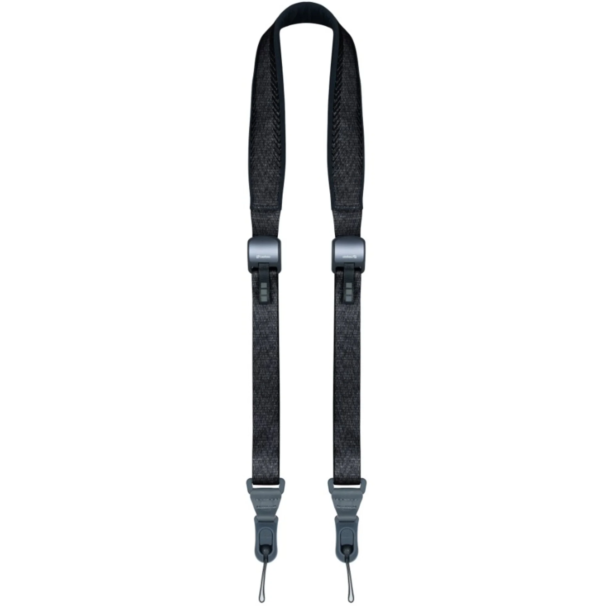 Doppelgurt-Kamera-Gurtsystem in Schwarz aus Textil, mit Metallschließe und Kabel. Für professionelle Fotografie.