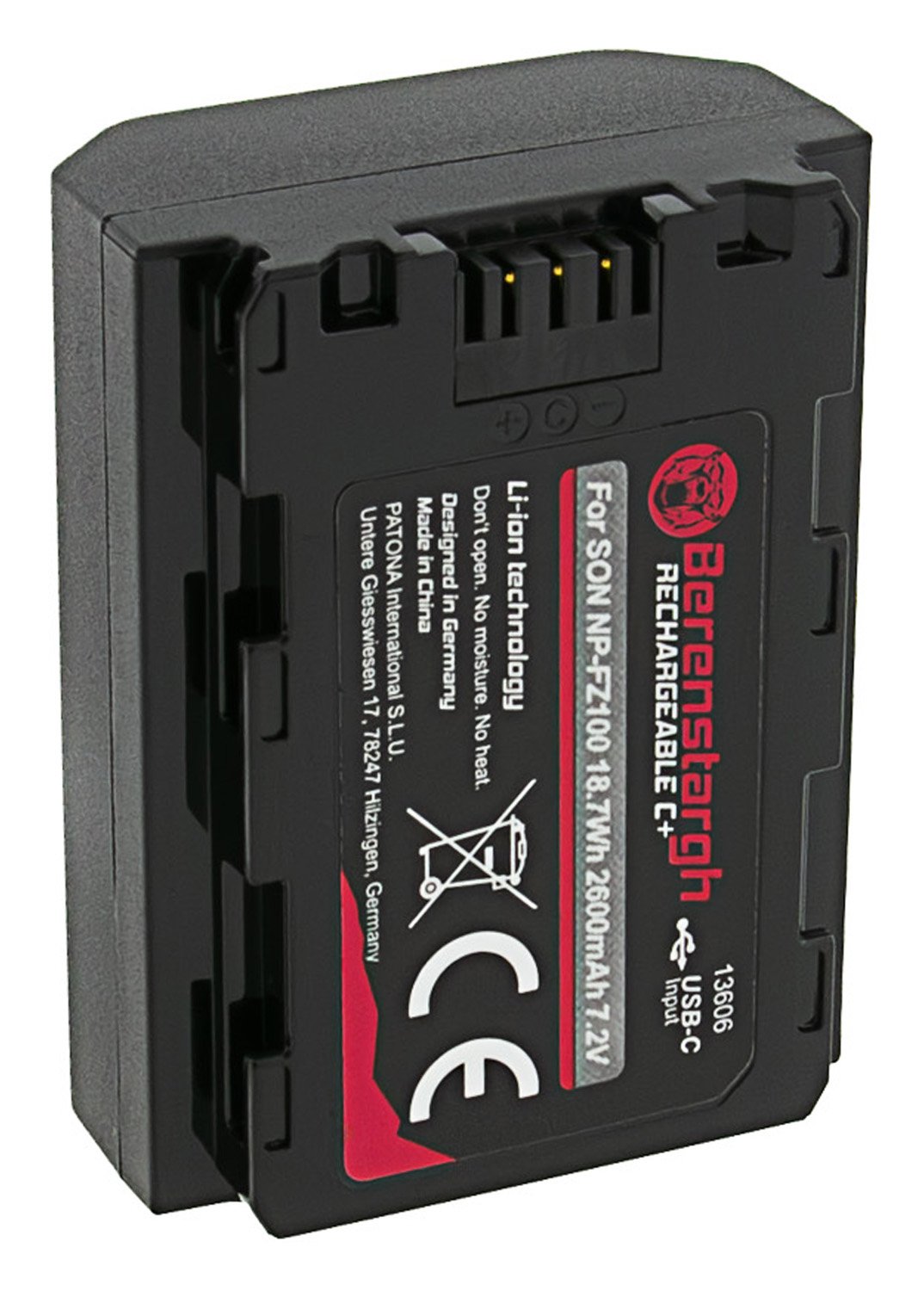 Batterie für eine Digitalkamera oder ein elektronisches Gerät, rechteckig, schwarz mit Aufkleber mit Produktinformationen und Warnhinweisen.