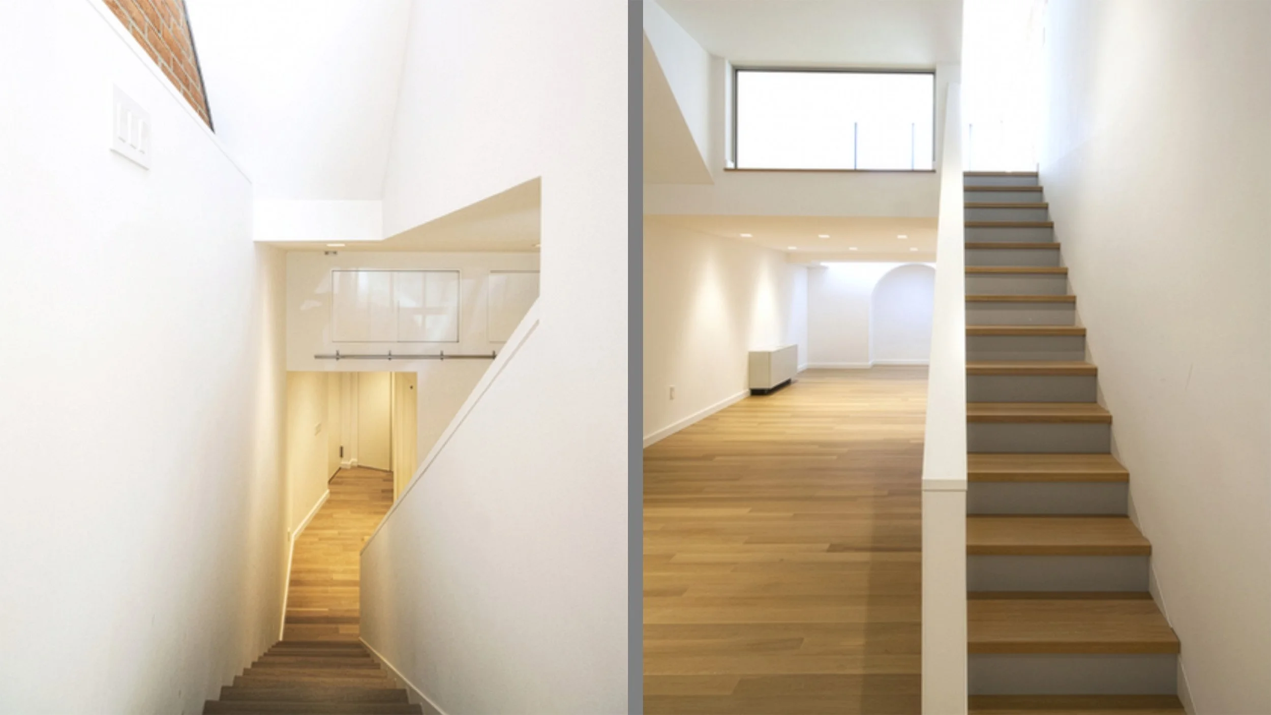 Modern lofted apartment with unique staircases made from solid wood, wood floors, white walls