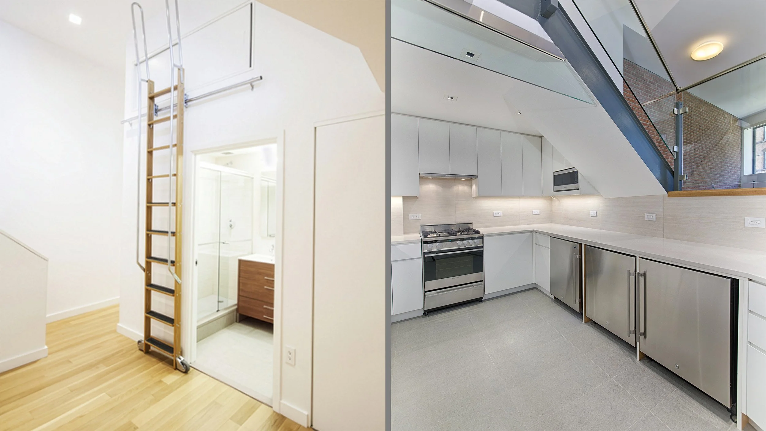 Collage of images showing a modern update to a kitchen in white and steel and a main bathroom located outside a private library with a custom rolling library ladder