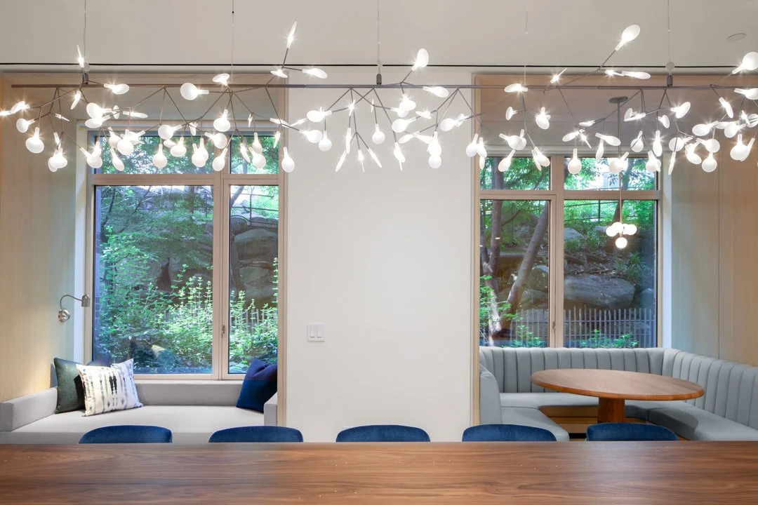 P800 from Klaracon - Common space with grey banquettes and blue seating in a semi-subterranean floor of the building with outside views