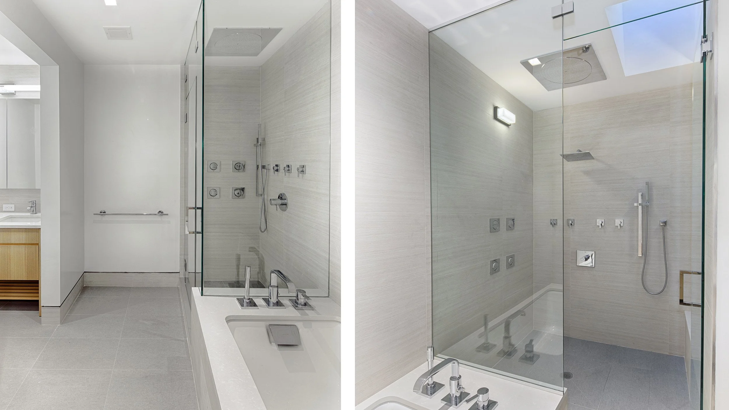 Collage of two images showing a modern bathroom upgrade using modern white tiles and horizontal grooves, chrome fixtures, and glass walls