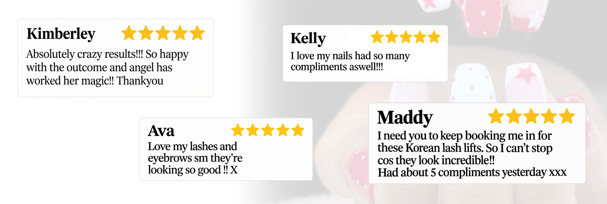 Collection of customer reviews for a nail salon, featuring positive comments about manicures and nail art, with star ratings from 4 to 5 stars.