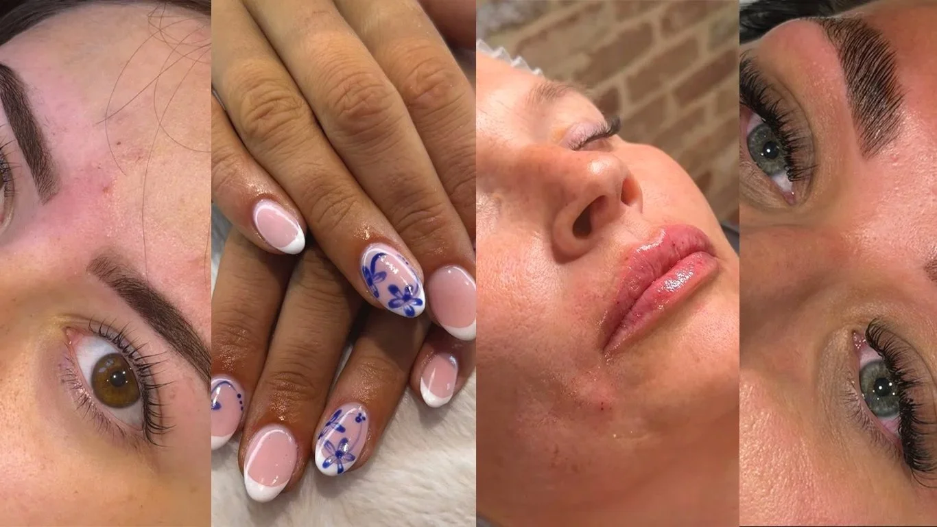 Close-up images of various beauty treatments, including eyebrows, manicured nails, a facial, and eyelashes.