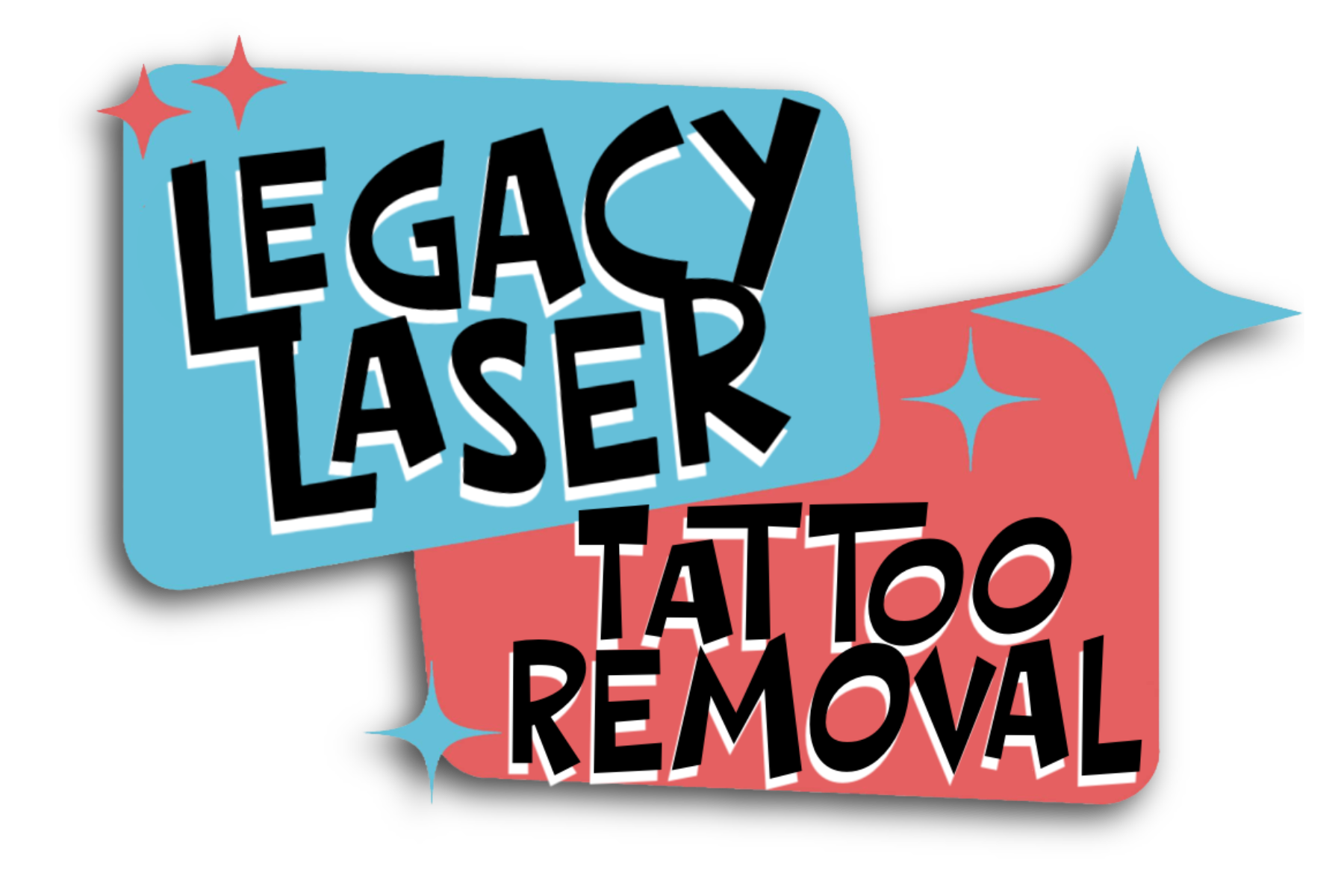 Colorful sign with the words "Legacy Taser Tattoo Removal" in bold black text on blue and red backgrounds, decorated with sparkling star graphics.