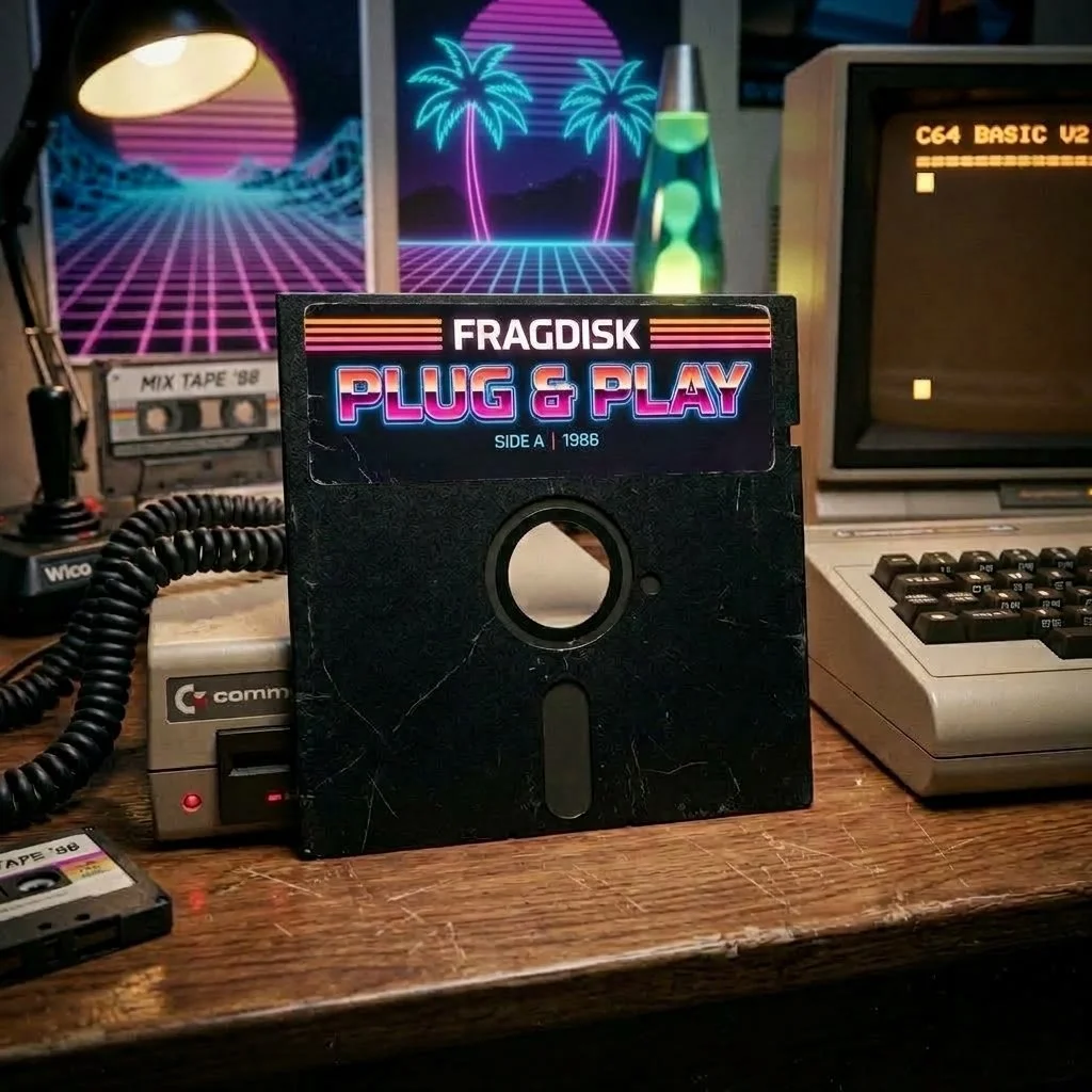 FragDisk — Side A, a synthwave EP styled as a retro floppy disk, staged on a desk with a vintage computer, lava lamp, and neon poster.