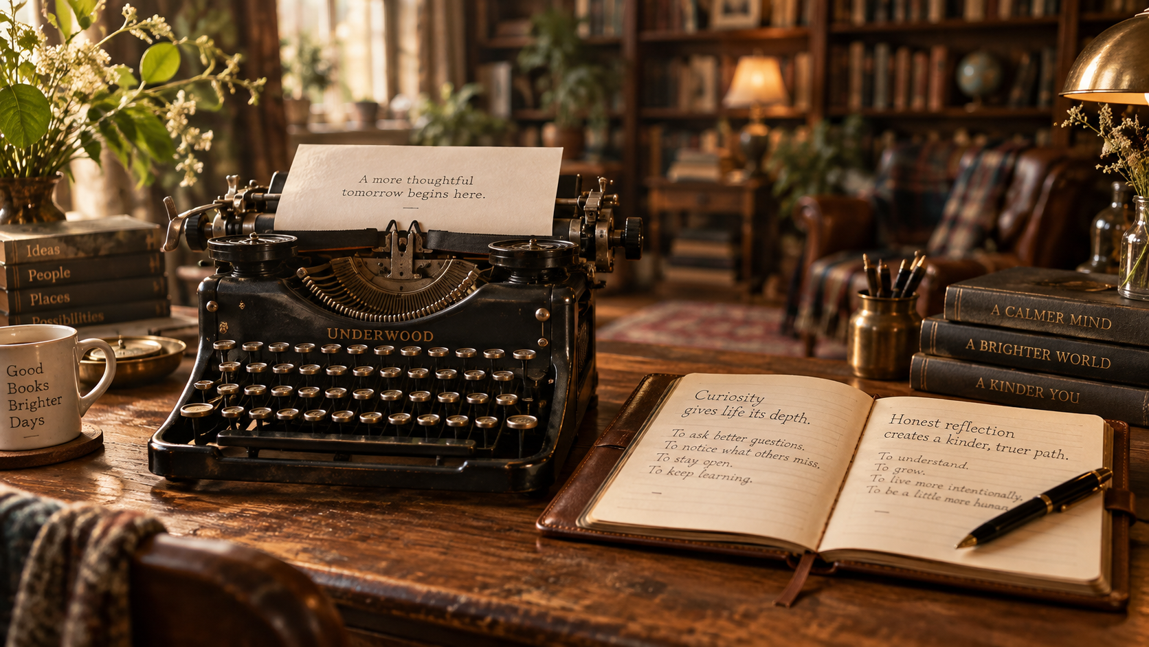 A vintage typewriter with a paper that reads "A more thoughtful tomorrow begins here." on a wooden desk surrounded by books, a cup, notebooks, and a pen in a cozy, warmly lit library or study room filled with bookshelves and plants.