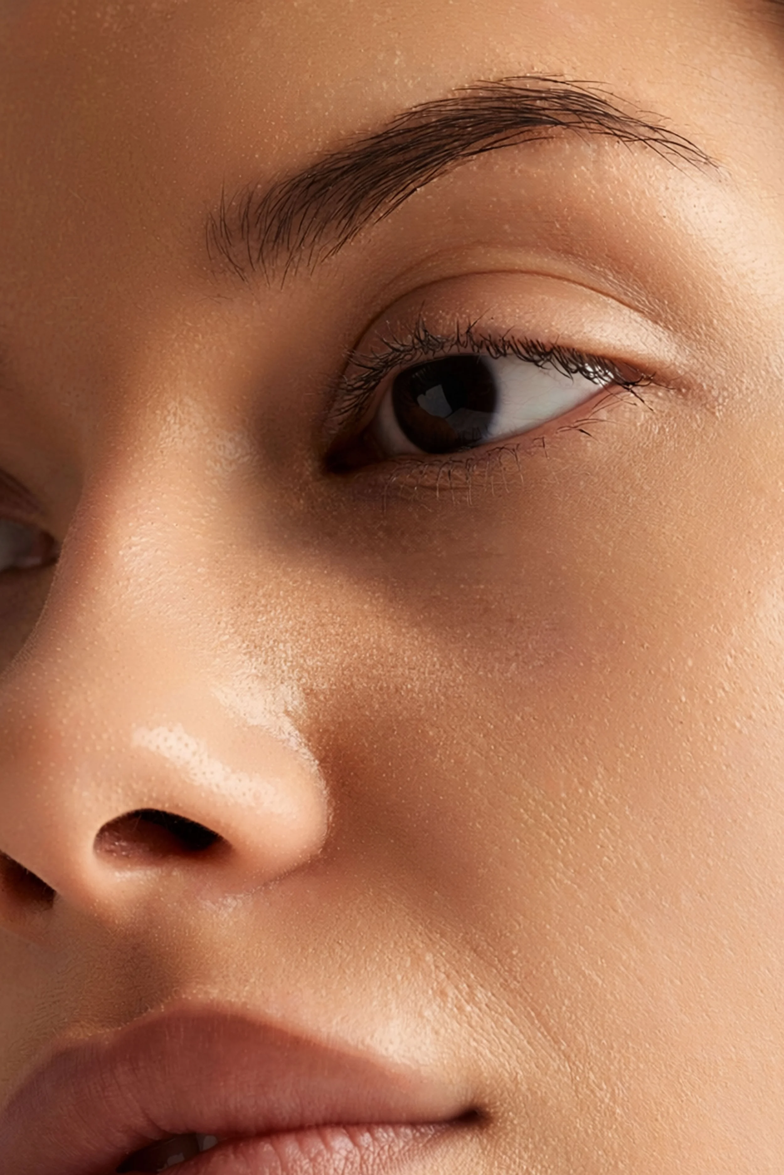Close-up of a woman's eye, eyebrow, partial nose, and lips with smooth skin and natural makeup.