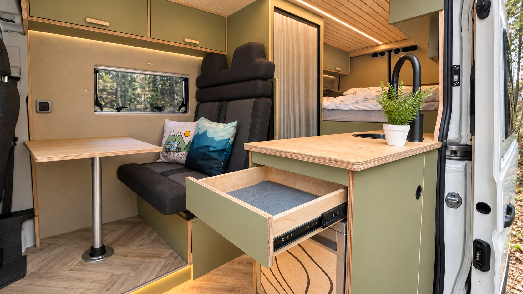 Interior of a converted camper van with a small kitchen area, a table with pillows on a bench seat, a bed in the back, and a potted plant.