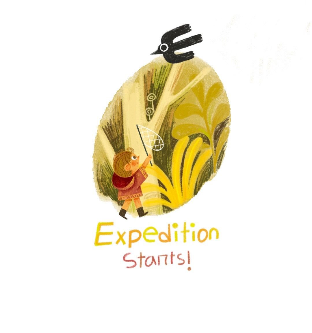 A young girl with brown hair and a red cloak reaching up with a net towards a black bird with white eye, inside a large, stylized yellow and green oval shape. Text reads 'Expedition Starts!' in colorful letters.