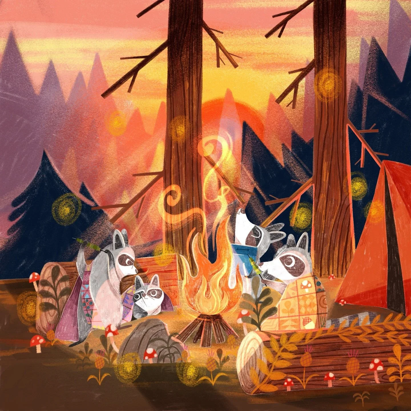 Illustration of forest scene at sunset with angry raccoons sitting around a campfire, surrounded by trees, tents, mushrooms, and glowing orbs.