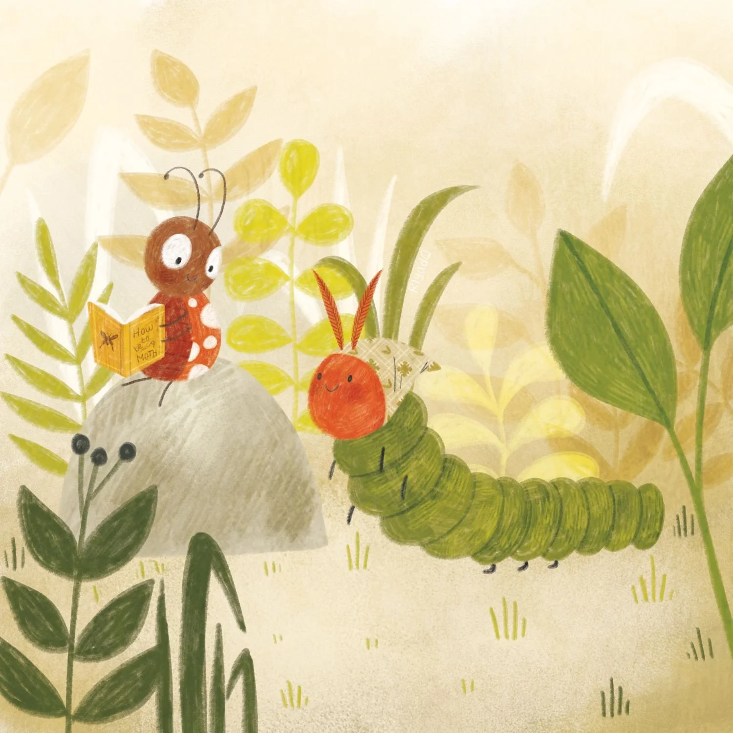 Illustration of a friendly caterpillar with a red head and green body, a fun ladybug holding a book that says 'How to be a MOM,' surrounded by plants and leaves.