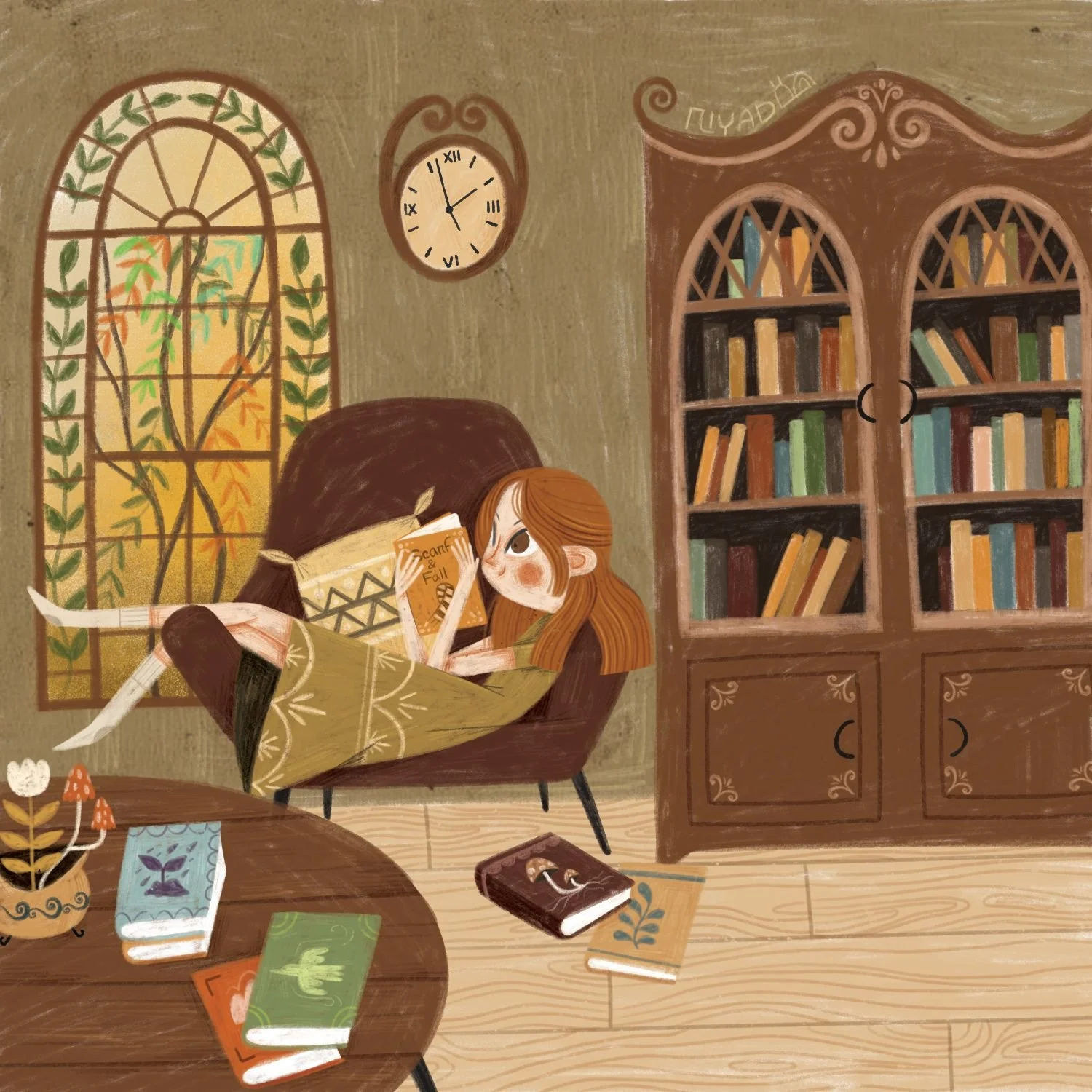 A young girl with red hair, wearing a green dress, is sitting in a brown armchair reading a book titled 'Scarf & Fall.' She has a curious expression, and her legs are extended with one foot resting on a nearby table. The room features a large window 