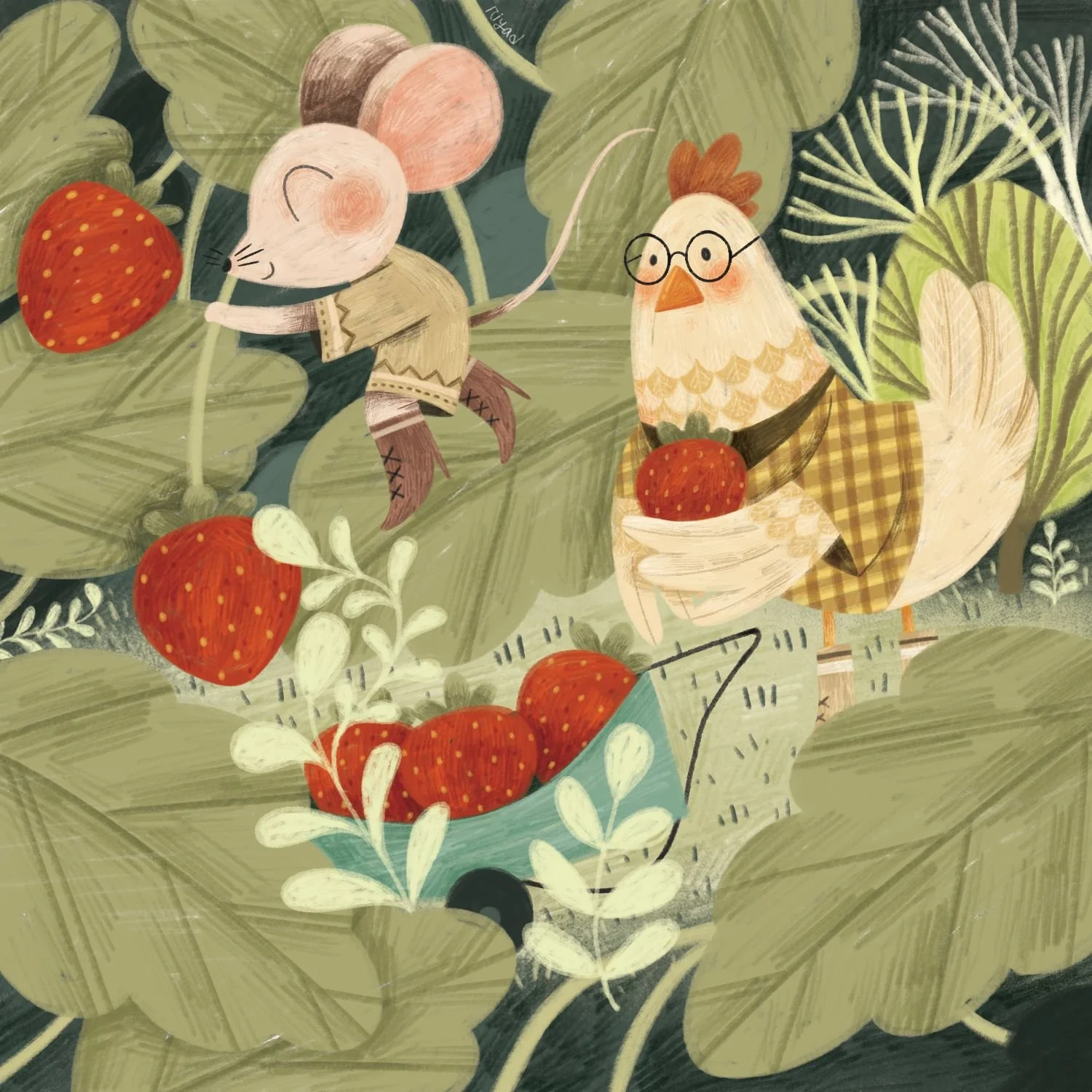 Illustration of a mouse picking strawberries next to a chicken holding strawberries in a basket, surrounded by large green leaves and plants.
