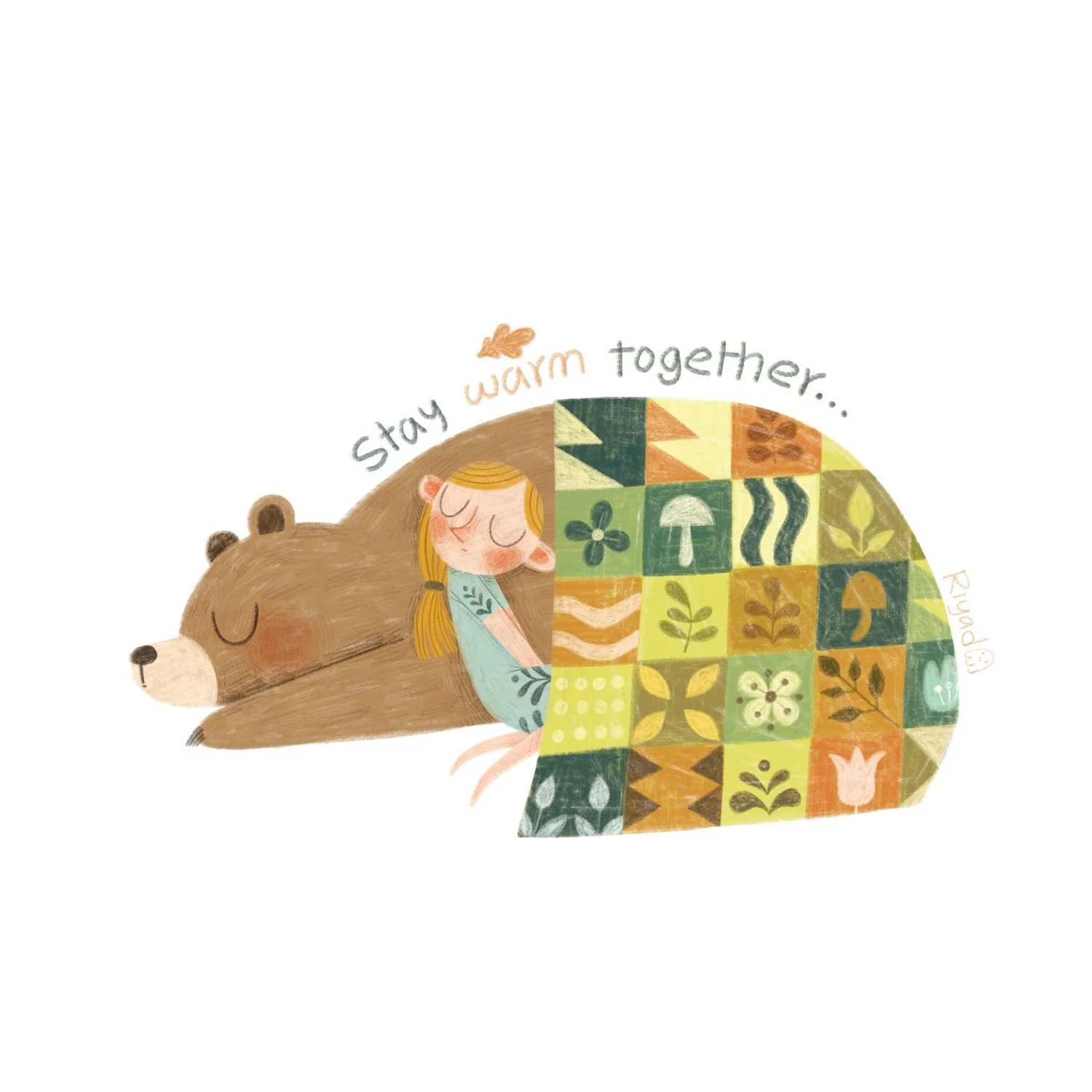 Cute illustration of a girl with orange hair resting her head on a large sleeping bear, with the words 'stay warm together...' written above, surrounded by a colorful patchwork quilt with nature-themed patterns.