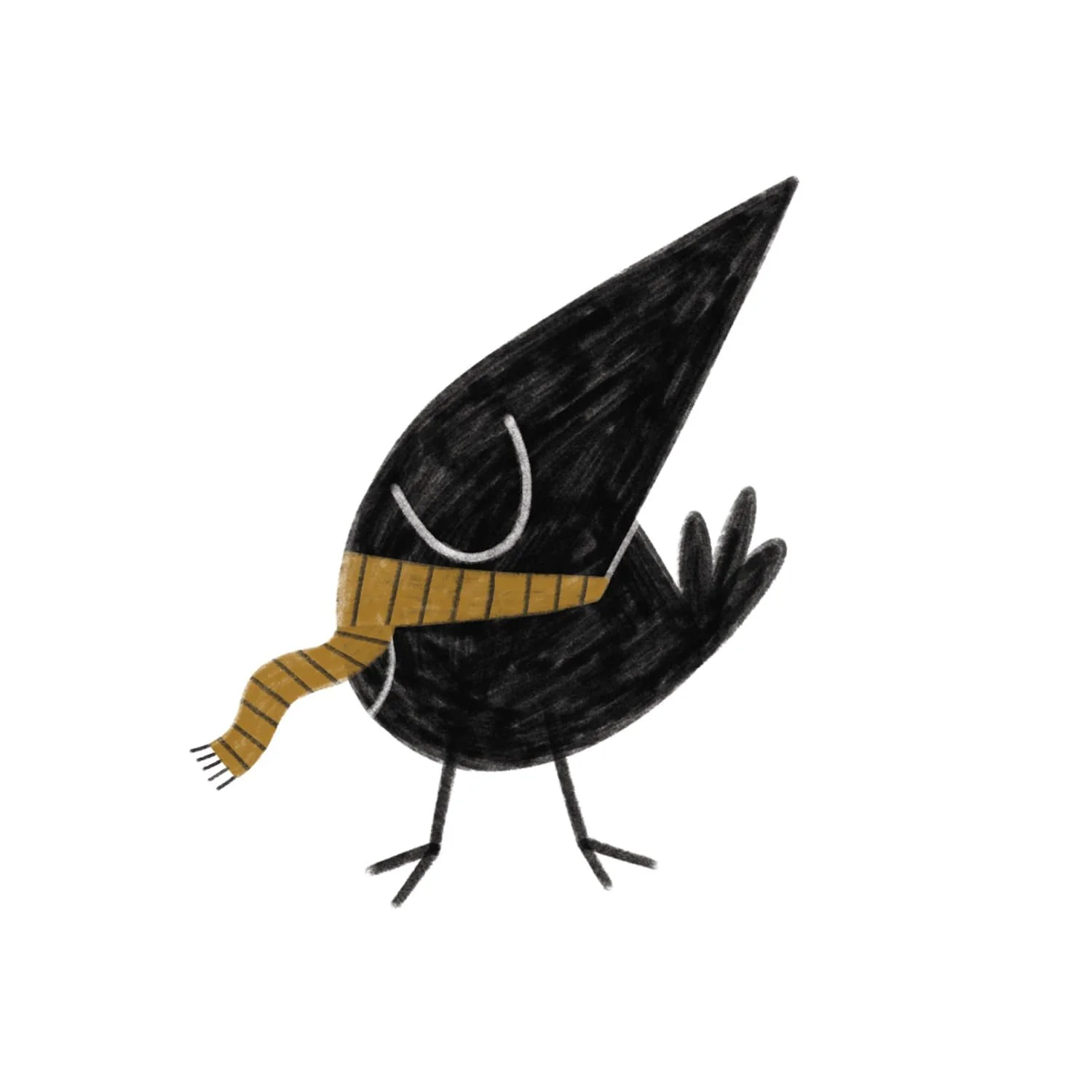 A blackbird wearing a yellow scarf with black stripes.