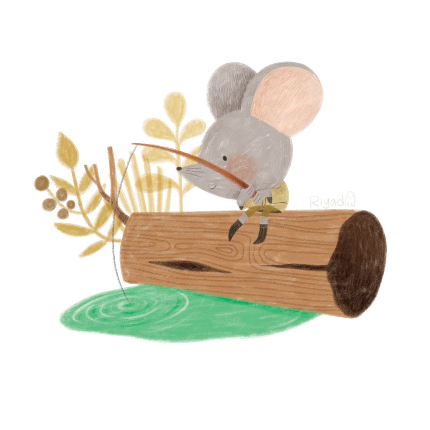 Cute illustration of a gray mouse sitting on a tree log, fishing in a small green pond, with yellow leaves and branches in the background.