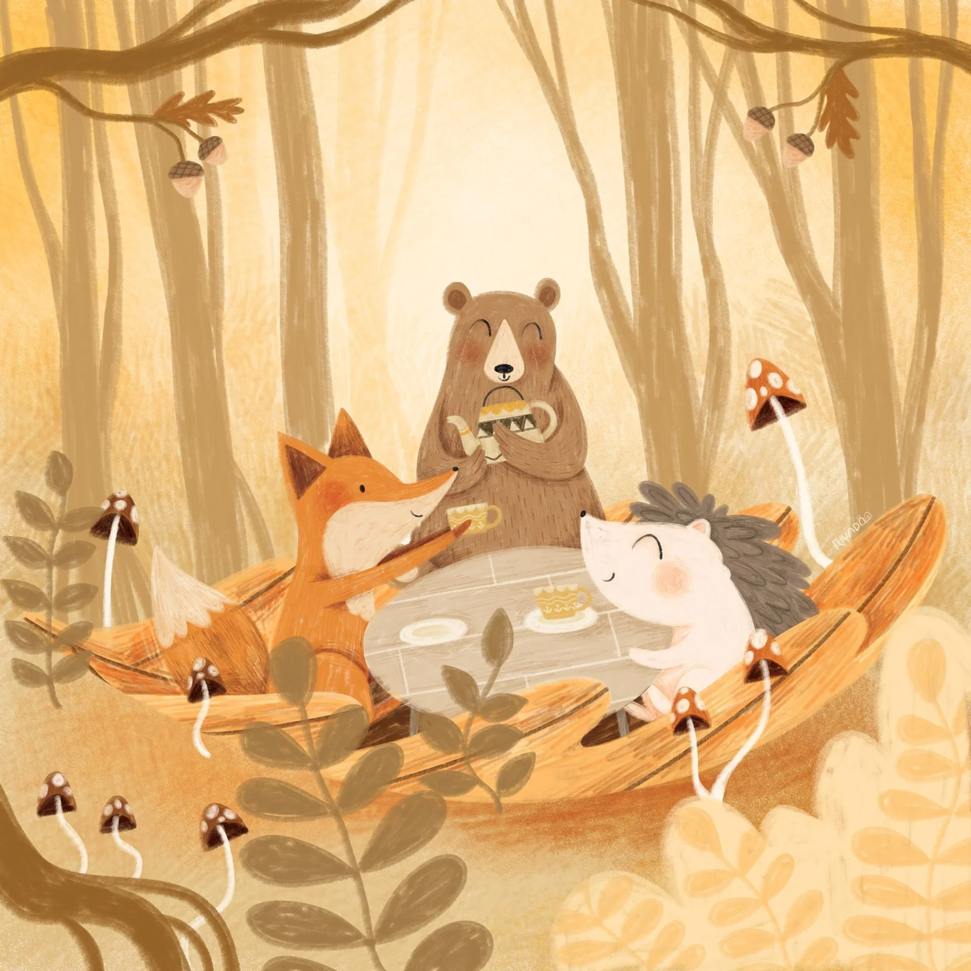 Illustration of animals in a forest setting, including a bear, fox, squirrel, rabbit, and owl, sitting around a table with tea and cupcakes.