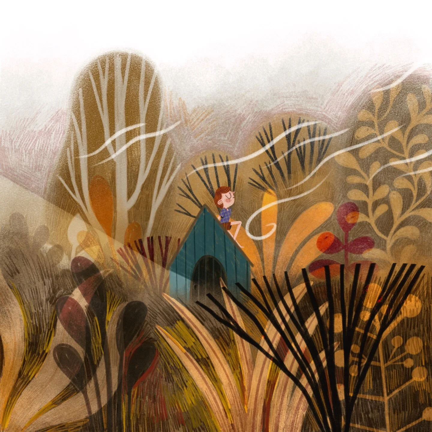 Illustration of a girl with red hair sitting on a blue house roof surrounded by tall stylized trees and foliage in warm earth tones.