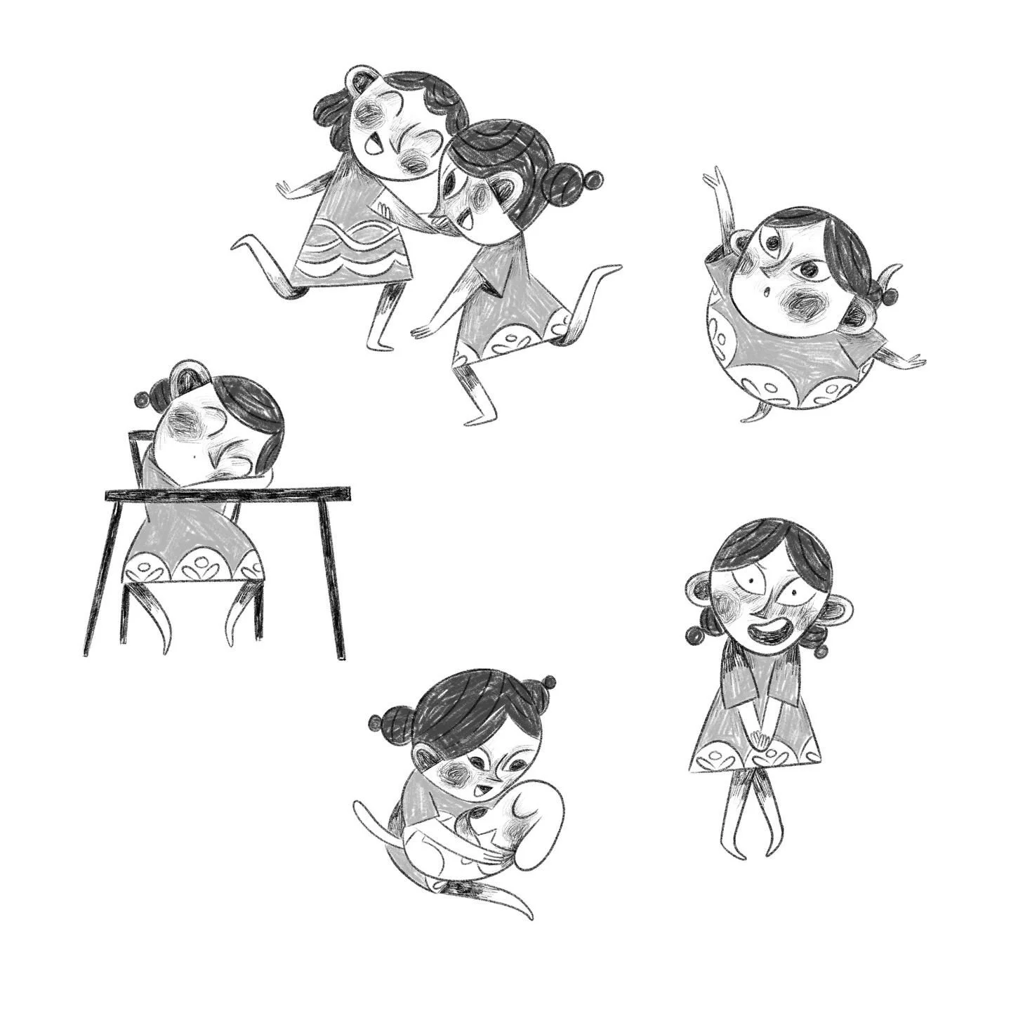 Black and white illustration of various children engaging in different activities such as dancing, sitting at a table, and playing with a dog, with some children smiling and expressing joy.