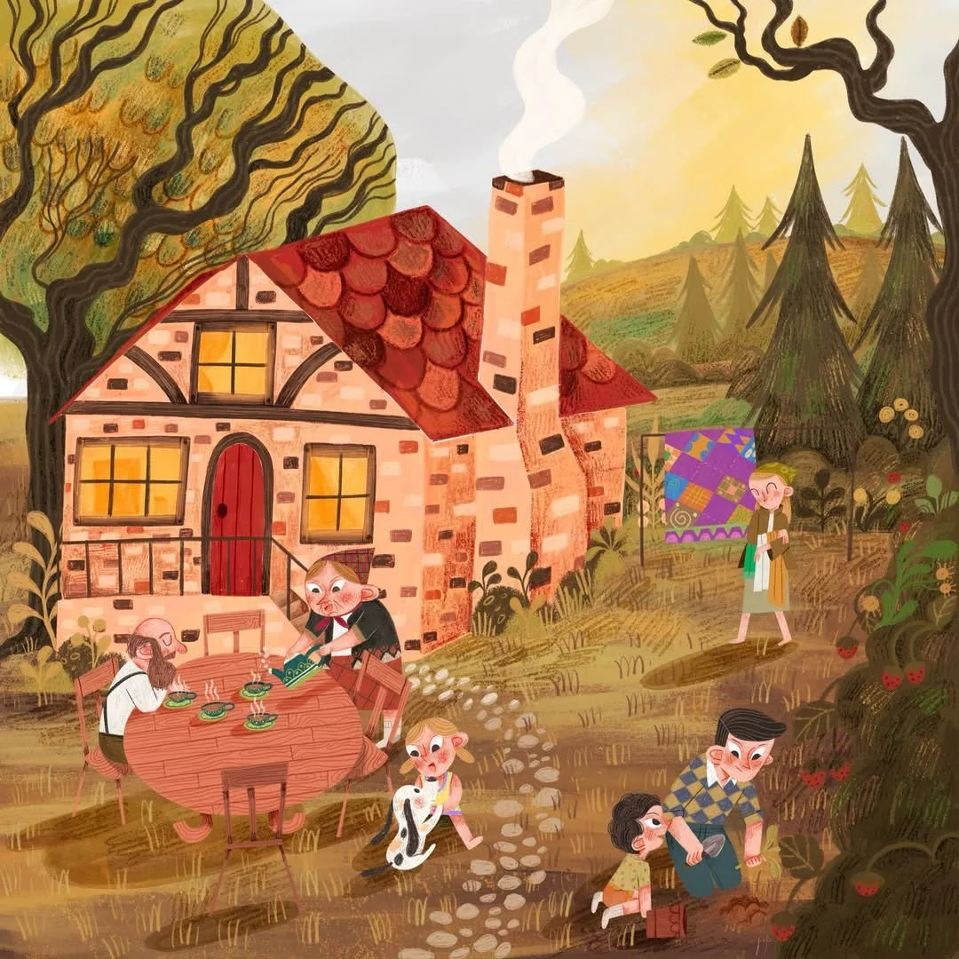 A cozy countryside scene with a brick house, a family having dinner outside, children playing, and a woman flying a kite. There are trees and a scenic landscape in the background.