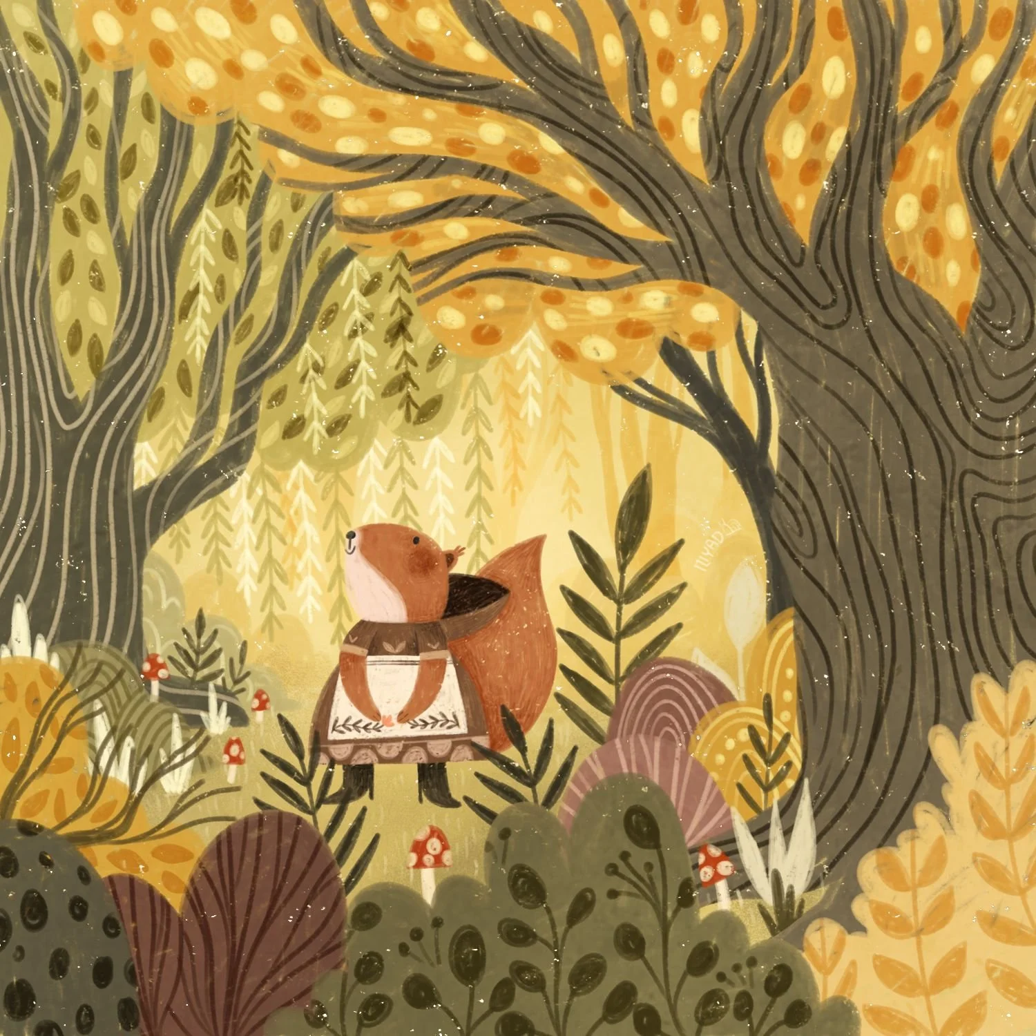 A whimsical illustration of a forest scene with large trees, bushes, and plants in shades of yellow, green, brown, and purple. There is a cute, brown, bear-like character wearing a dress, holding a notebook and a pencil, surrounded by mushrooms and f