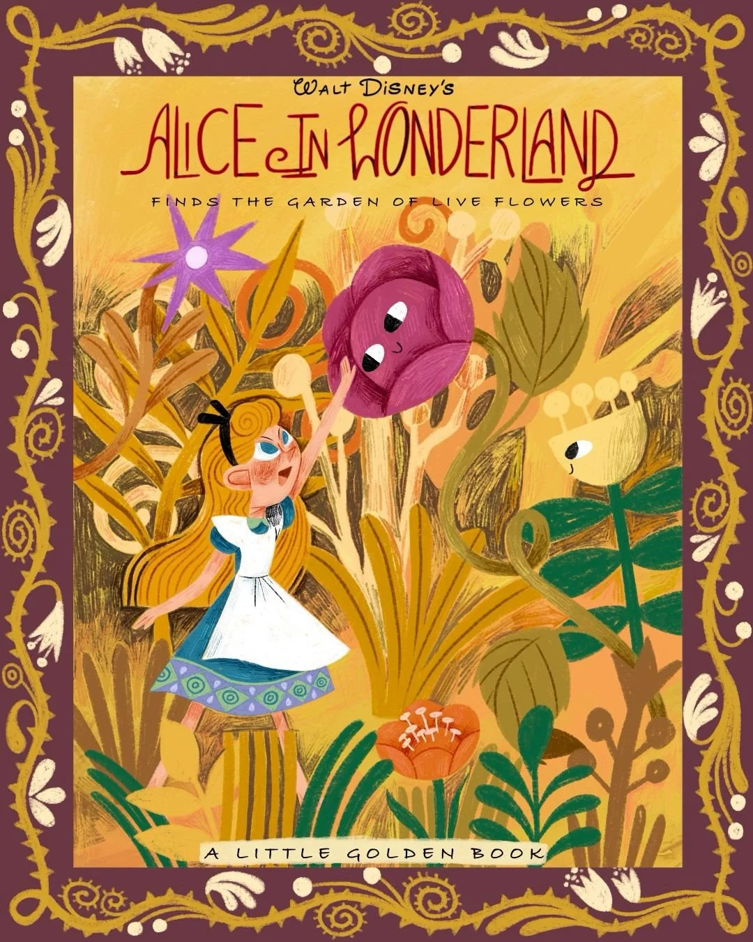 Book cover for Walt Disney's Alice in Wonderland, titled 'Finds the Garden of Live Flowers.' The illustration features Alice reaching out to a purple flower with a face, in a colorful garden with various plants and flowers.