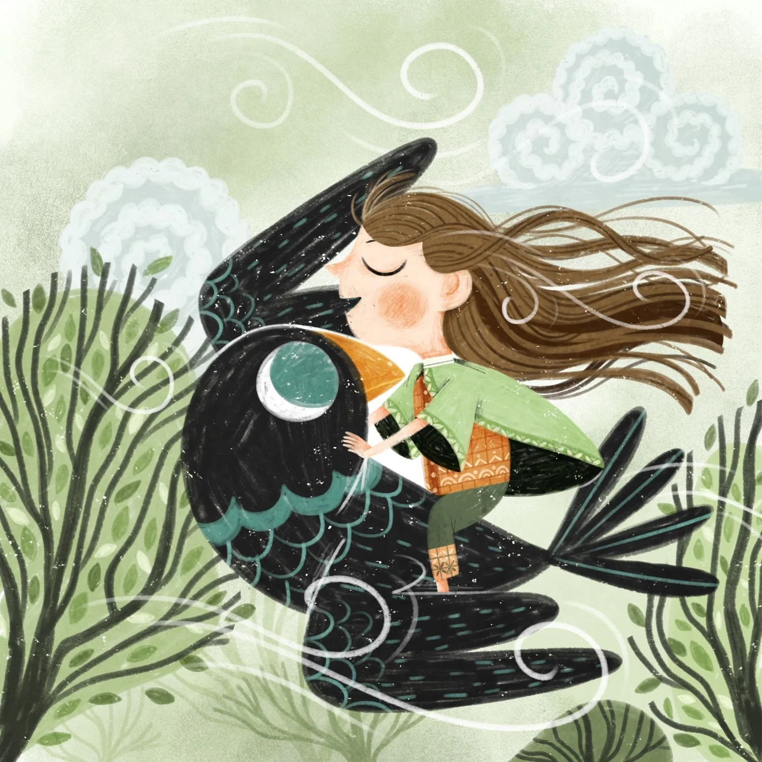 A girl with long brown hair hugging a black and white toucan bird in a lush, green, nature setting.