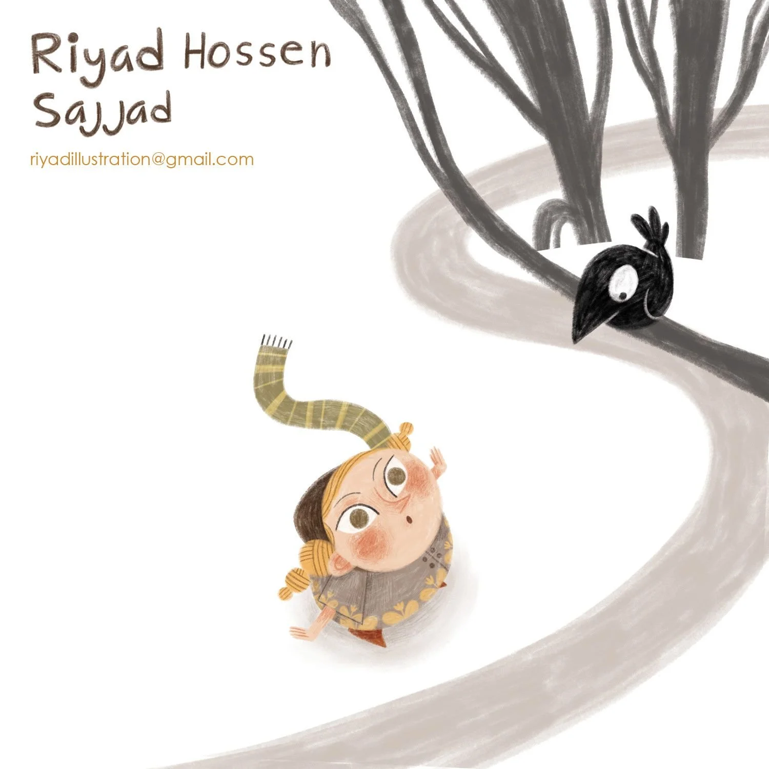 An illustration of a young girl with a large head, big eyes, and braided hair, looking up with a curious expression. She is wearing a gray dress with yellow floral patterns. A black bird with a white eye is perched on a gray branch with multiple smal