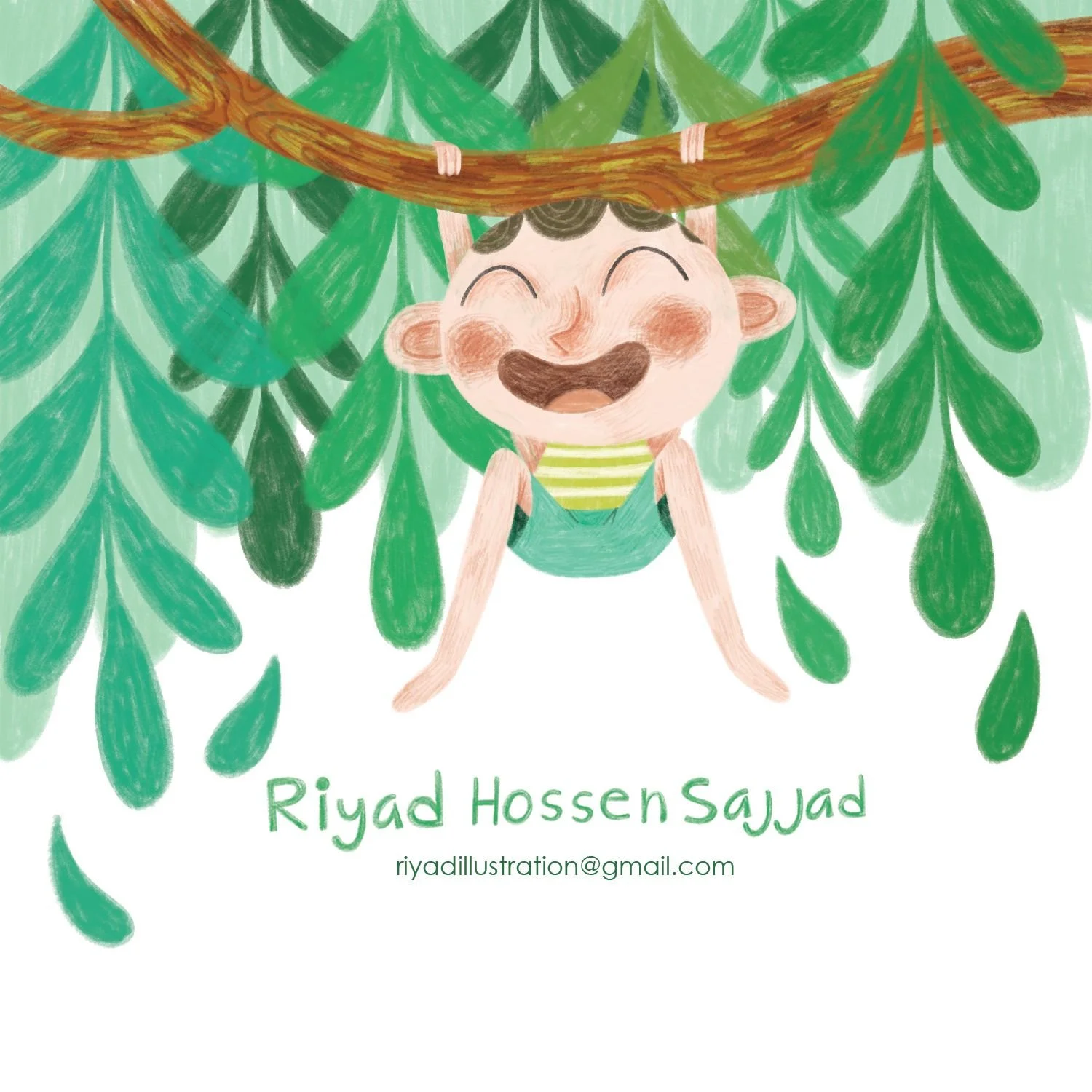 A smiling cartoon boy hanging upside down from a tree branch surrounded by green leaves, with the text 'Riyad Hossen Sajjad' and an email address below.