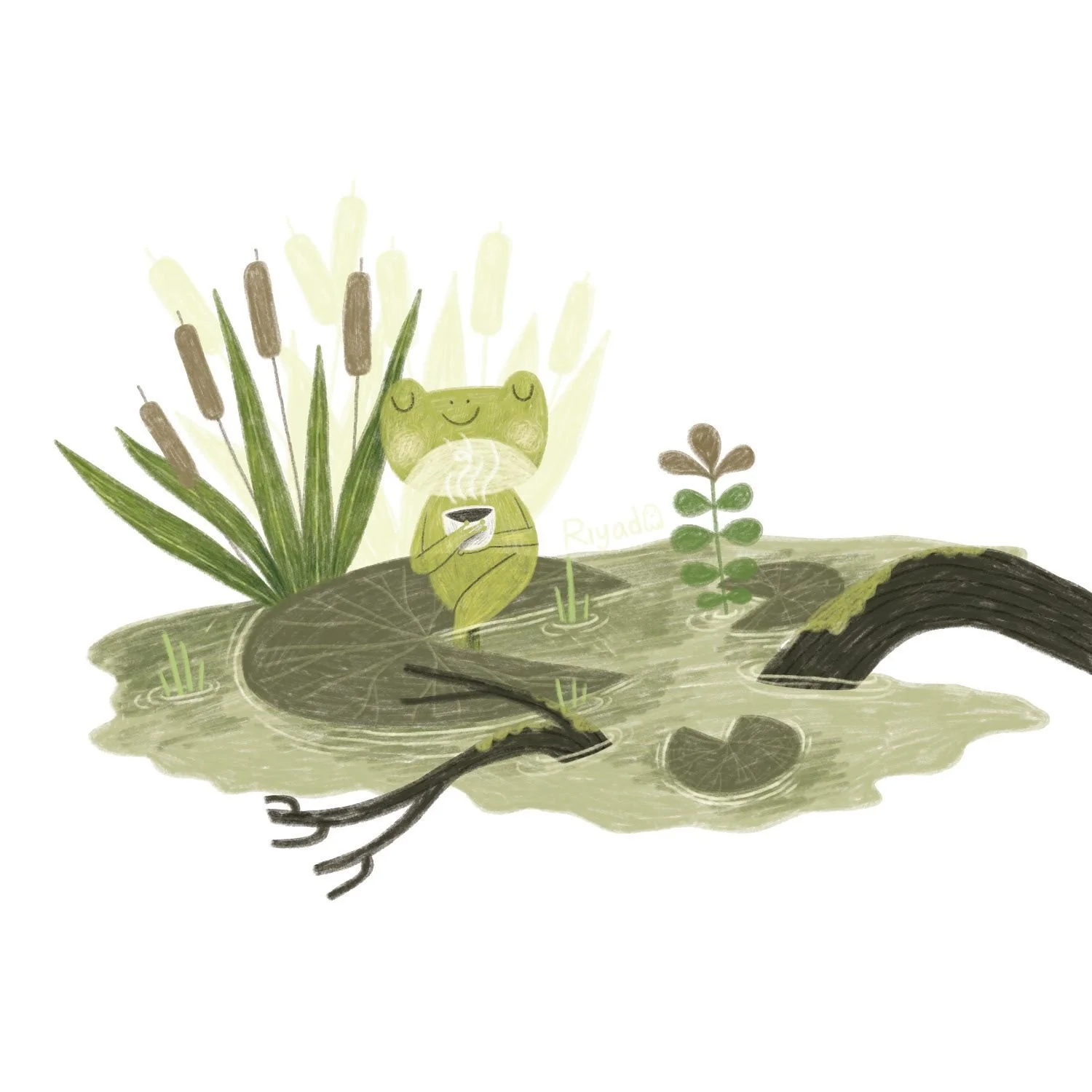 A cute green frog with a happy face, sitting in a pond and holding a steaming cup, surrounded by plants and water, with a small dark brown bridge arching over the pond.
